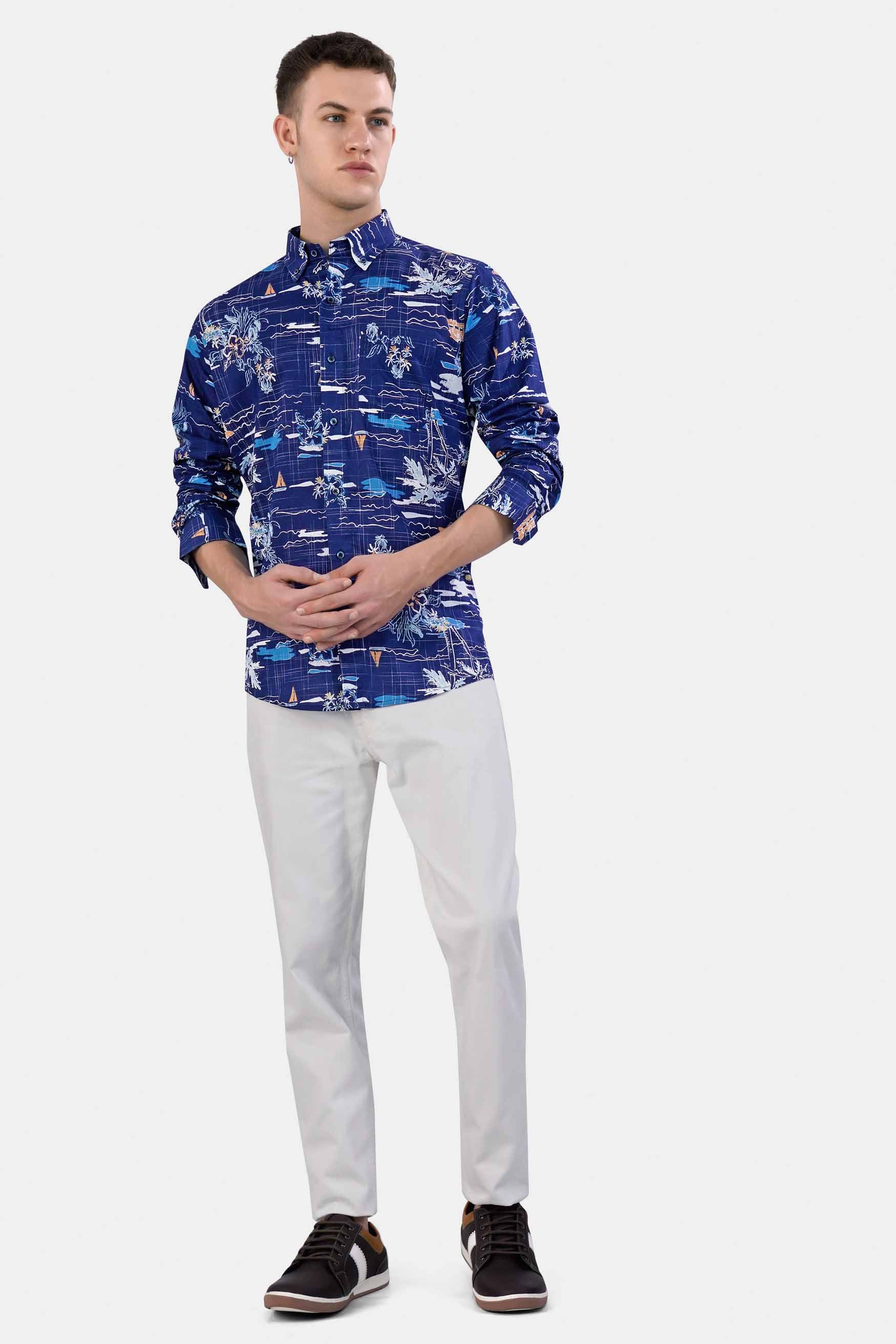 Lapis Blue and White Multicolour Printed Chambray Shirt