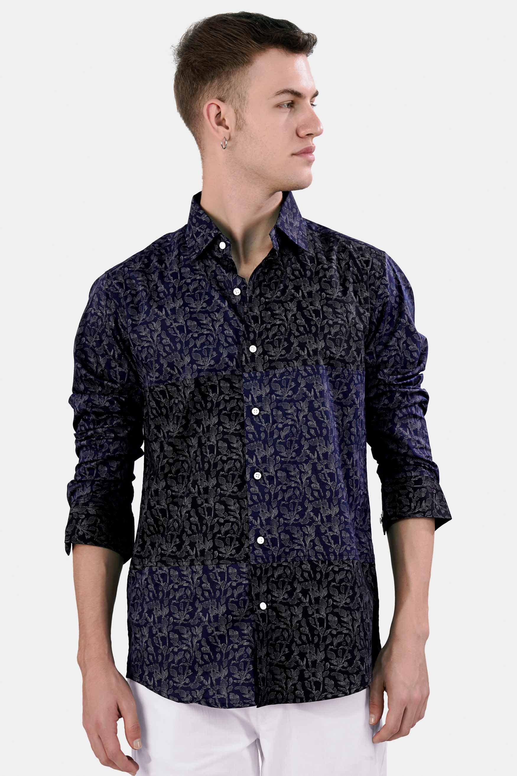 Cove Blue and Black Leaves Printed Subtle Sheen Super Soft Premium Cotton Designer Shirt