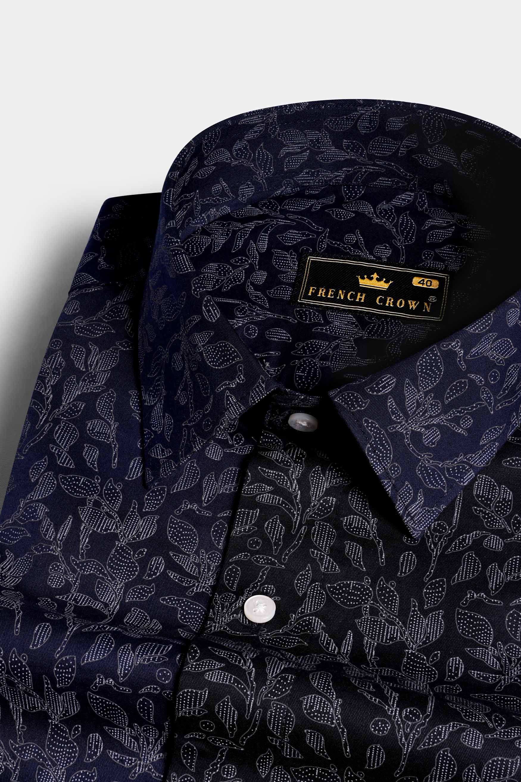 Cove Blue and Black Leaves Printed Subtle Sheen Super Soft Premium Cotton Designer Shirt