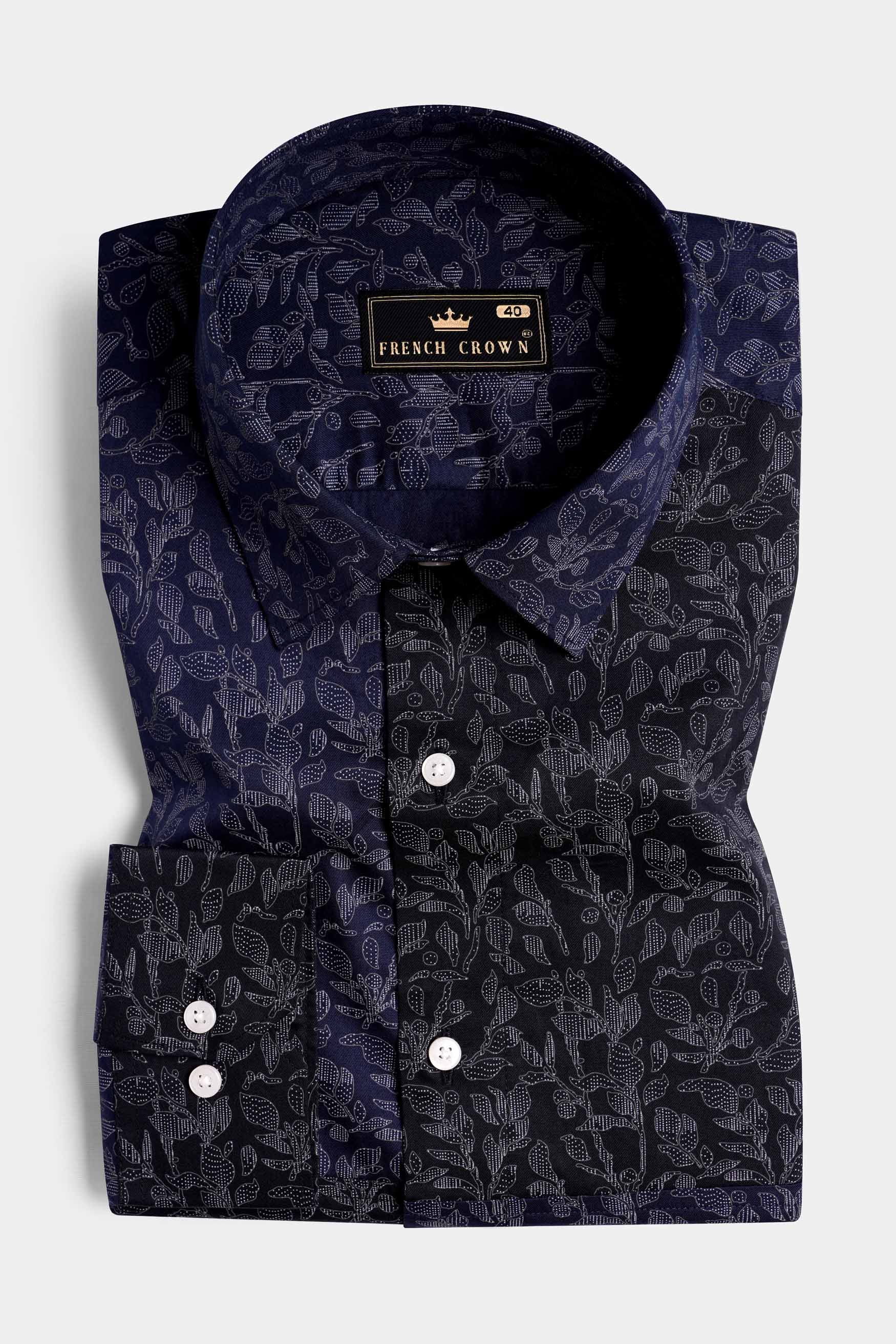 Cove Blue and Black Leaves Printed Subtle Sheen Super Soft Premium Cotton Designer Shirt