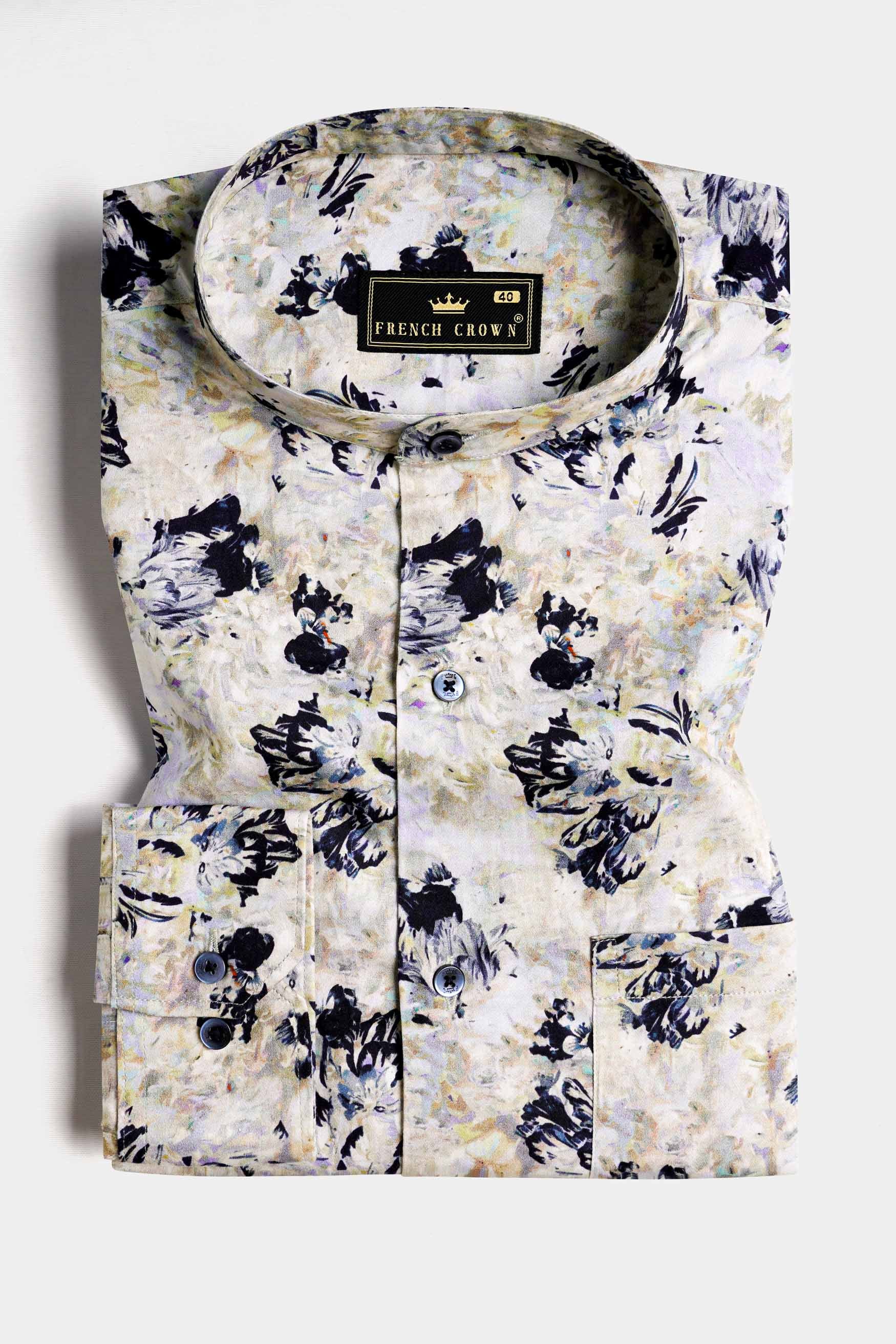 Ivory Cream and Haiti Blue Abstract Printed Subtle Sheen Super Soft Premium Cotton Shirt