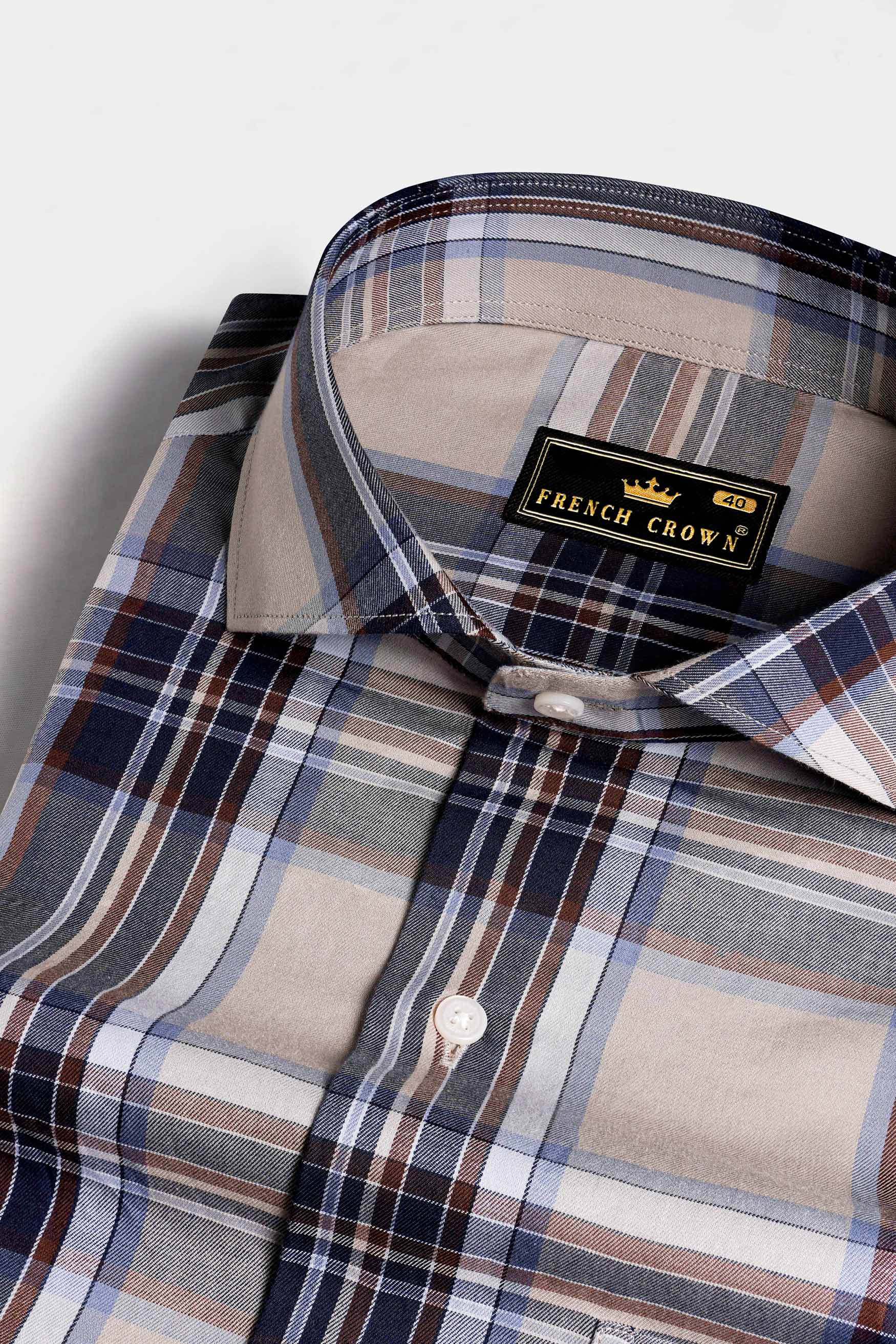 Nobel Brown and Cinder Blue Twill Plaid Premium Cotton Shirt