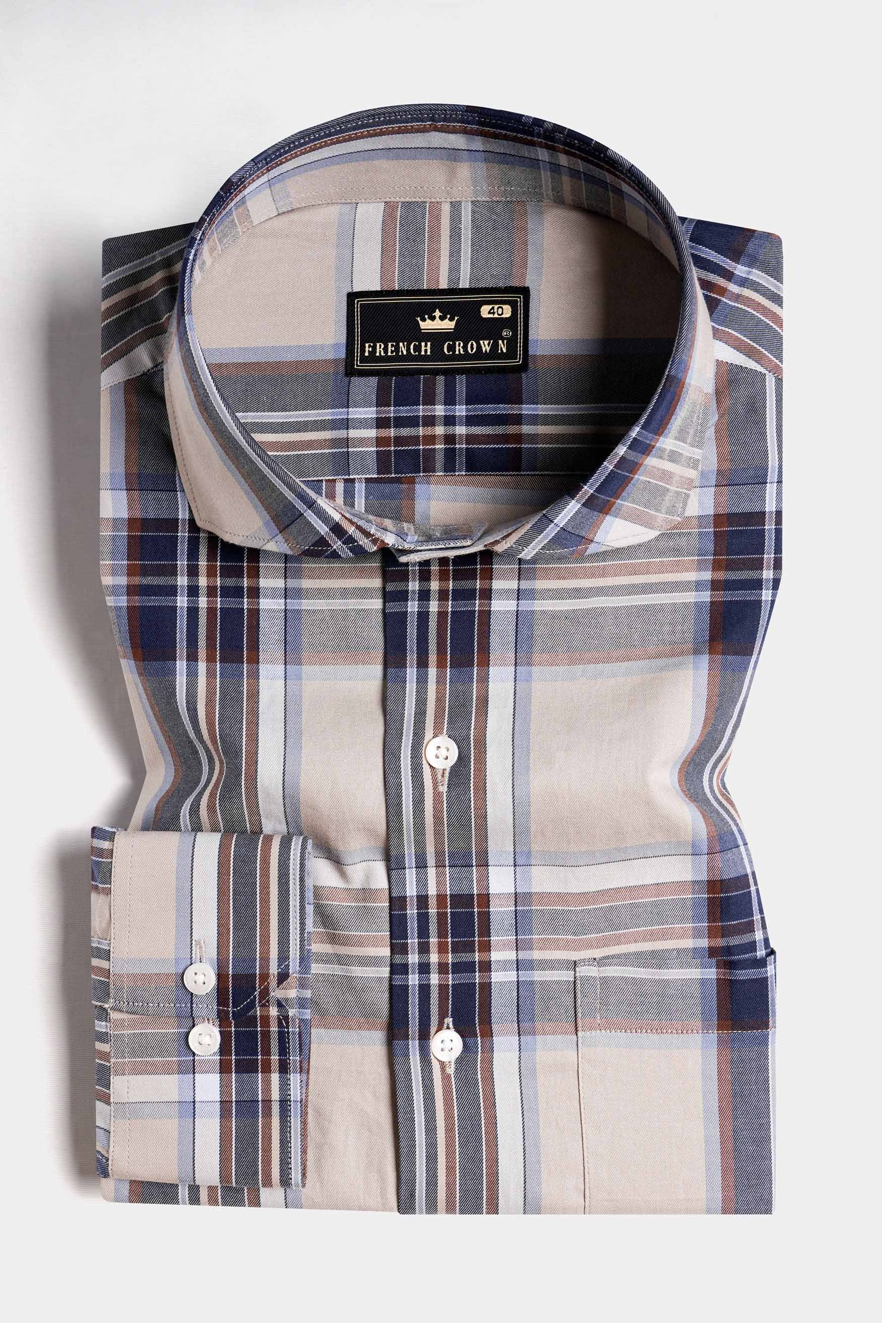Nobel Brown and Cinder Blue Twill Plaid Premium Cotton Shirt