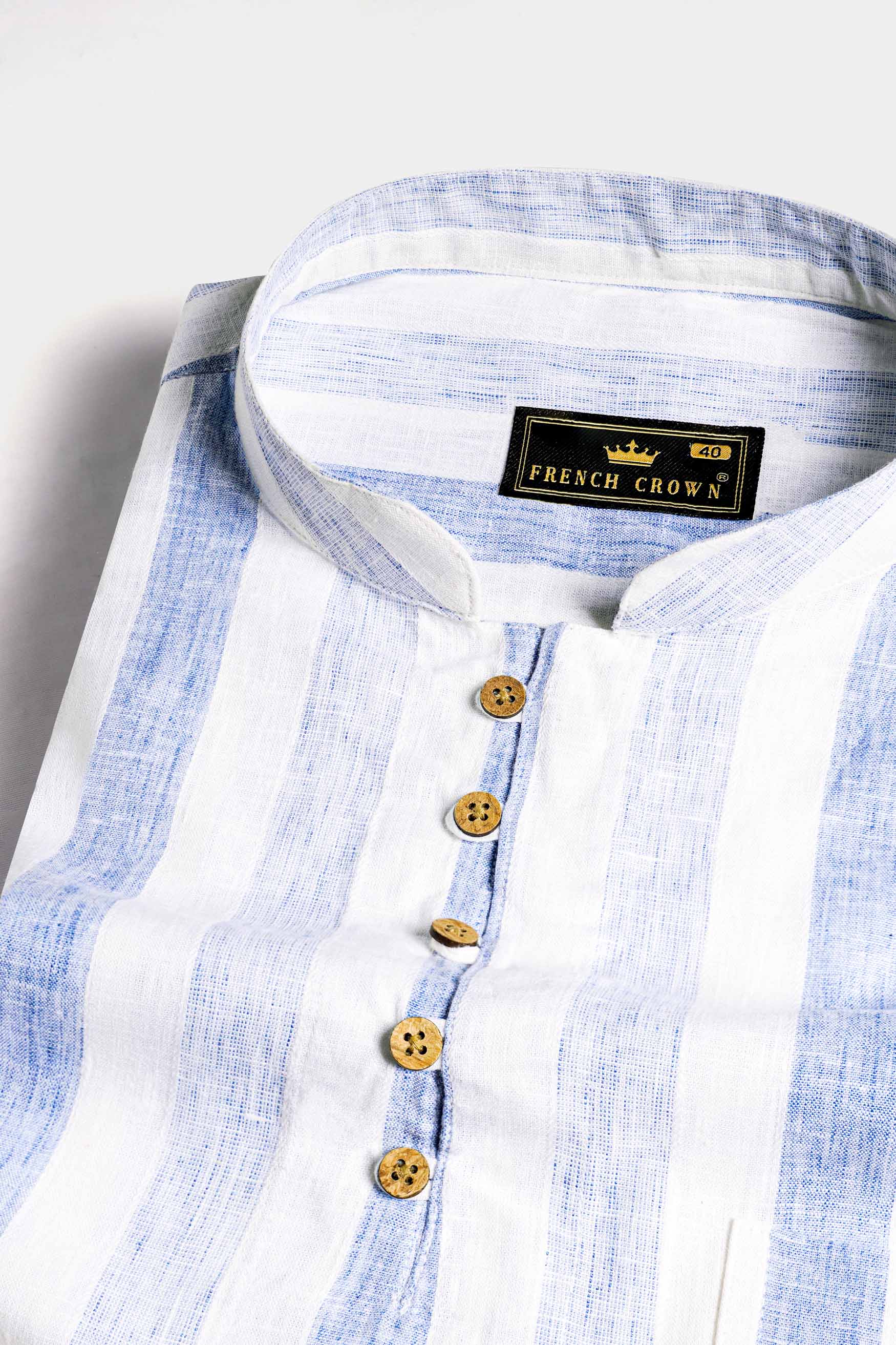 Hoki Blue and White Striped Luxurious Linen Kurta Shirt