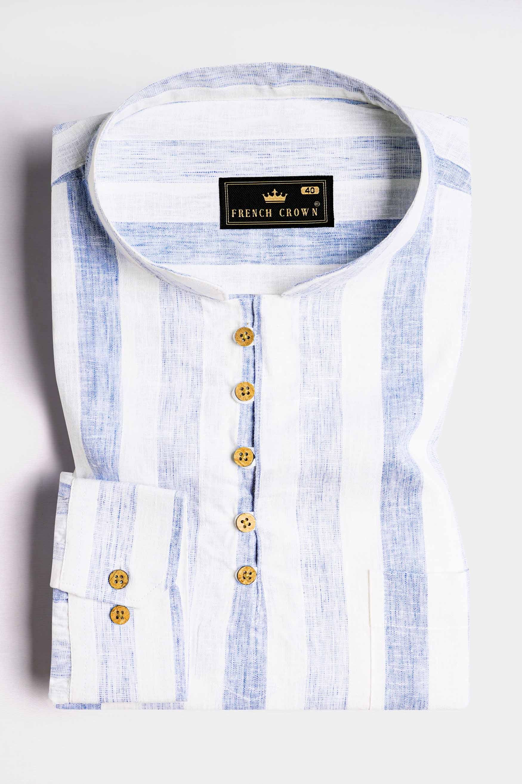 Hoki Blue and White Striped Luxurious Linen Kurta Shirt