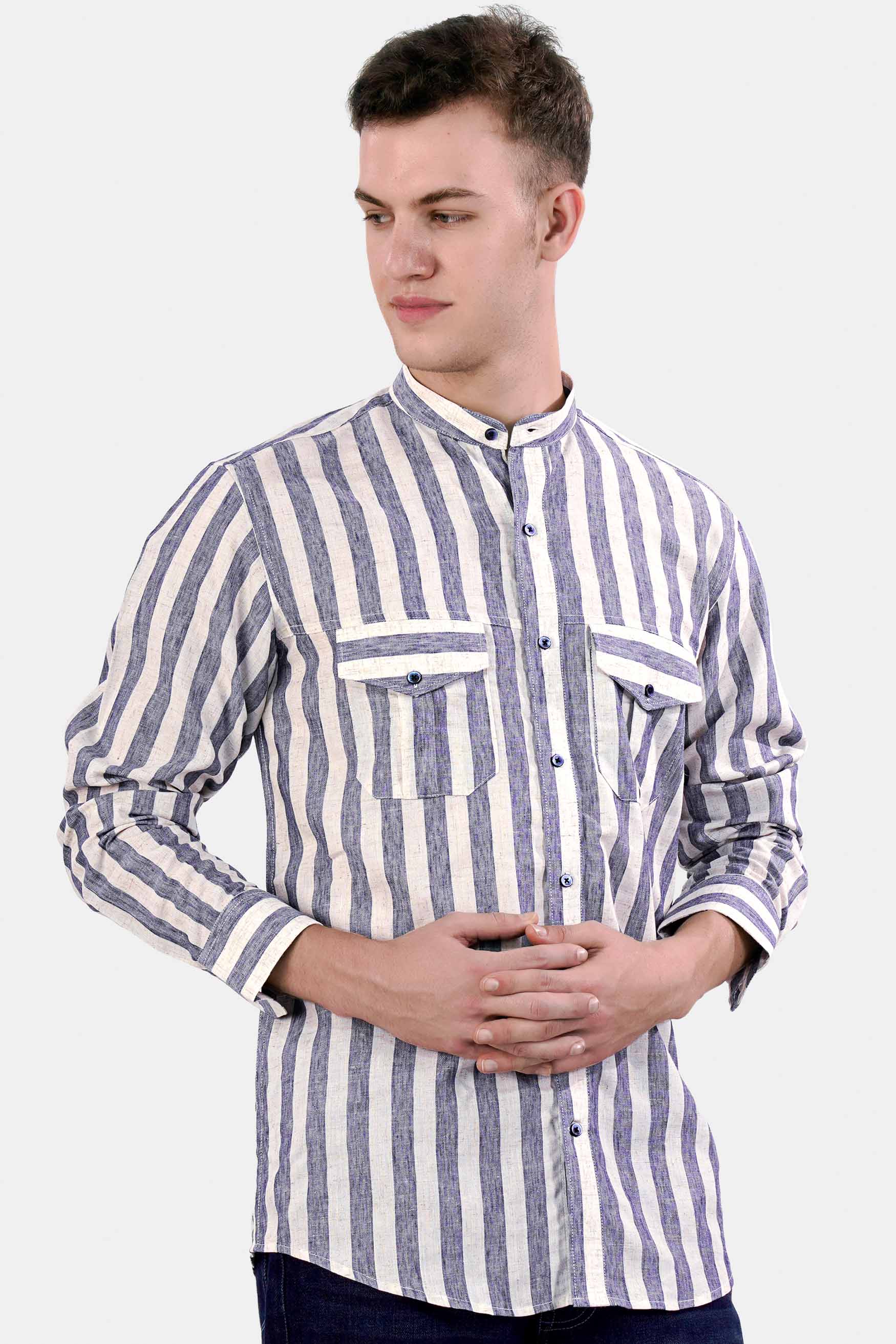 Revere Cream and Glaucouse Blue Striped Luxurious Linen Designer Shirt