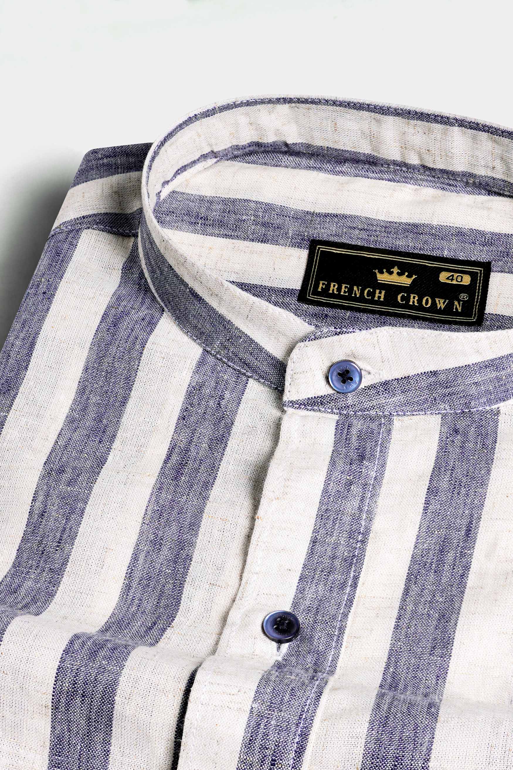 Revere Cream and Glaucouse Blue Striped Luxurious Linen Designer Shirt