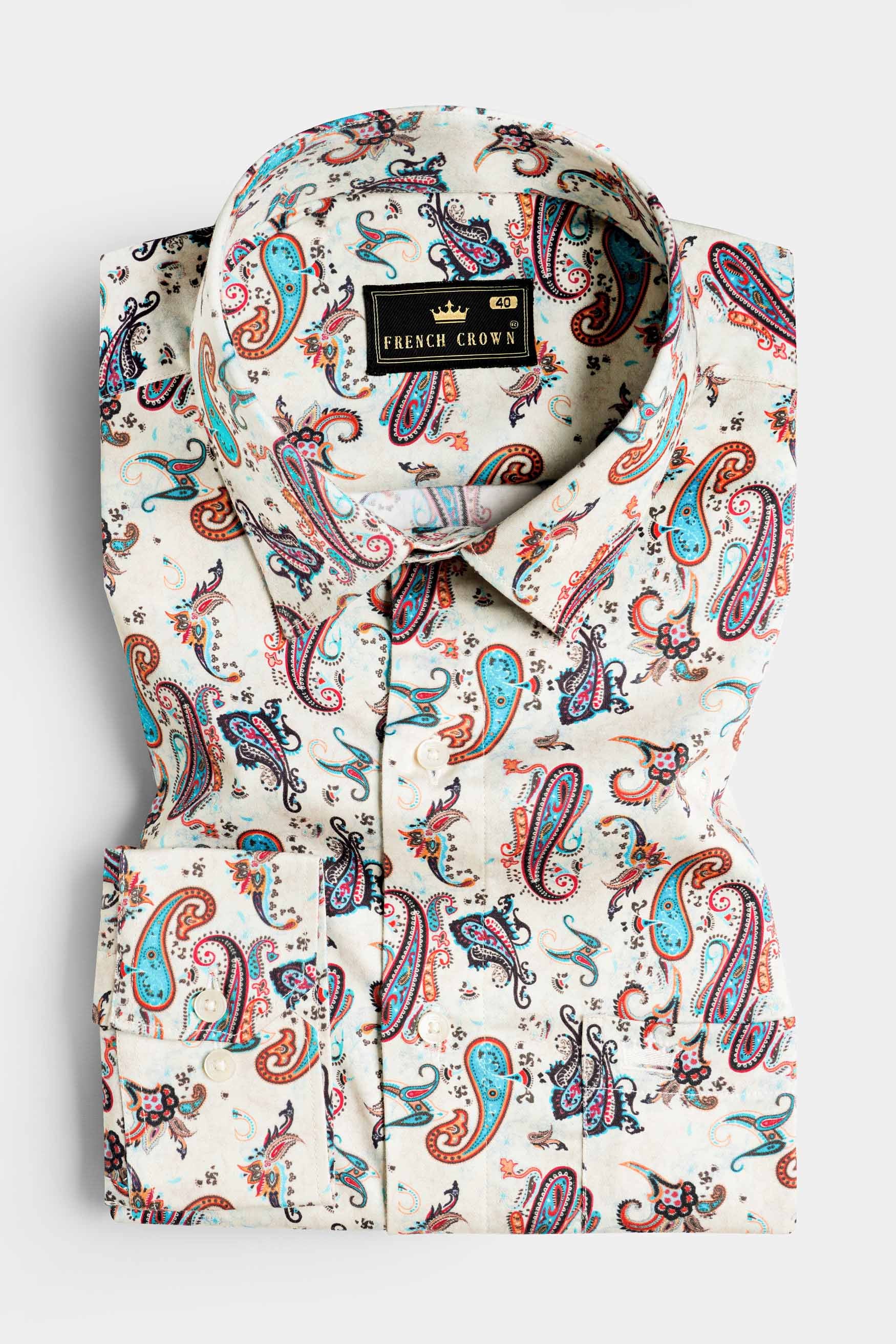 Merino Cream and Multicolour Paisley Printed Subtle Sheen Super Soft Premium Cotton Shirt
