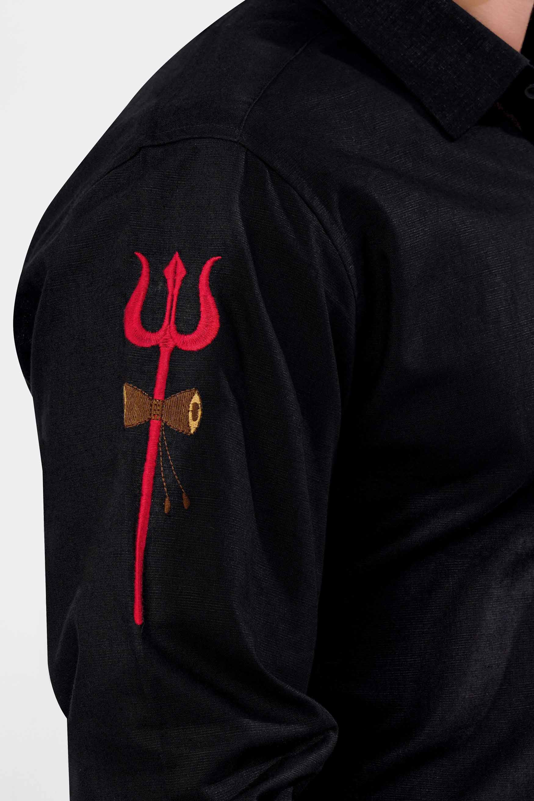 Jade Black with Lord Shiva Trident Embroidered Luxurious Linen Designer Shirt 11258-BLK-E191-38, 11258-BLK-E191-H-38, 11258-BLK-E191-39, 11258-BLK-E191-H-39, 11258-BLK-E191-40, 11258-BLK-E191-H-40, 11258-BLK-E191-42, 11258-BLK-E191-H-42, 11258-BLK-E191-44, 11258-BLK-E191-H-44, 11258-BLK-E191-46, 11258-BLK-E191-H-46, 11258-BLK-E191-48, 11258-BLK-E191-H-48, 11258-BLK-E191-50, 11258-BLK-E191-H-50, 11258-BLK-E191-52, 11258-BLK-E191-H-52