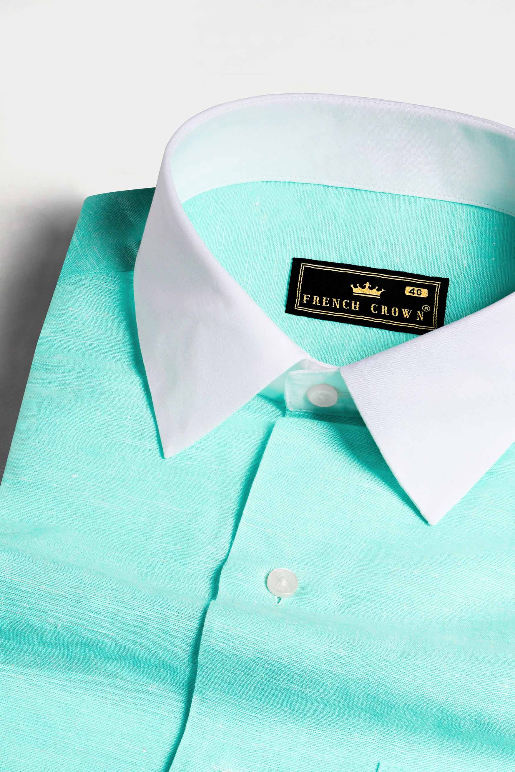 Turquoise Blue with White Cuffs and Collar Luxurious Linen Shirt