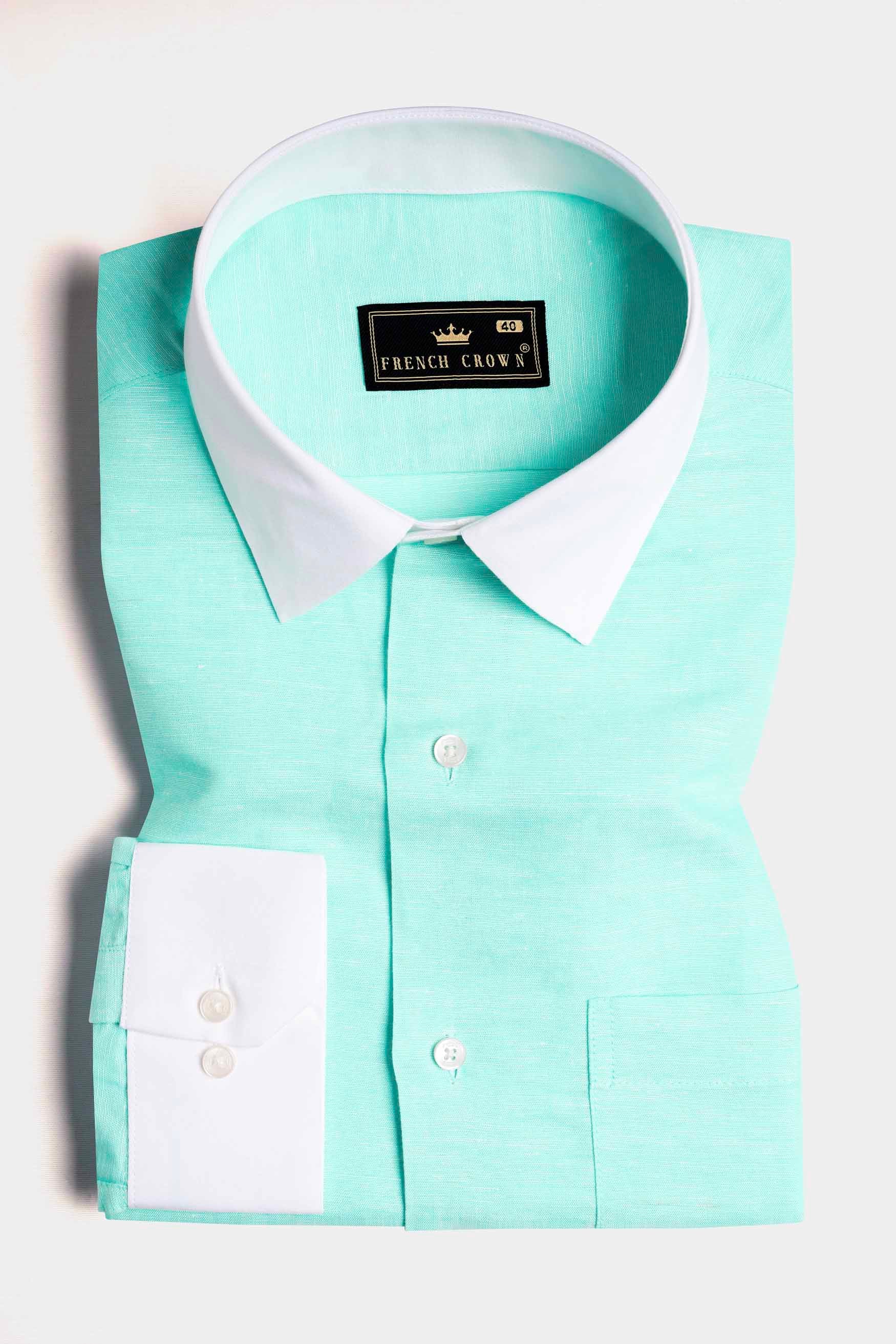 Turquoise Blue with White Cuffs and Collar Luxurious Linen Shirt