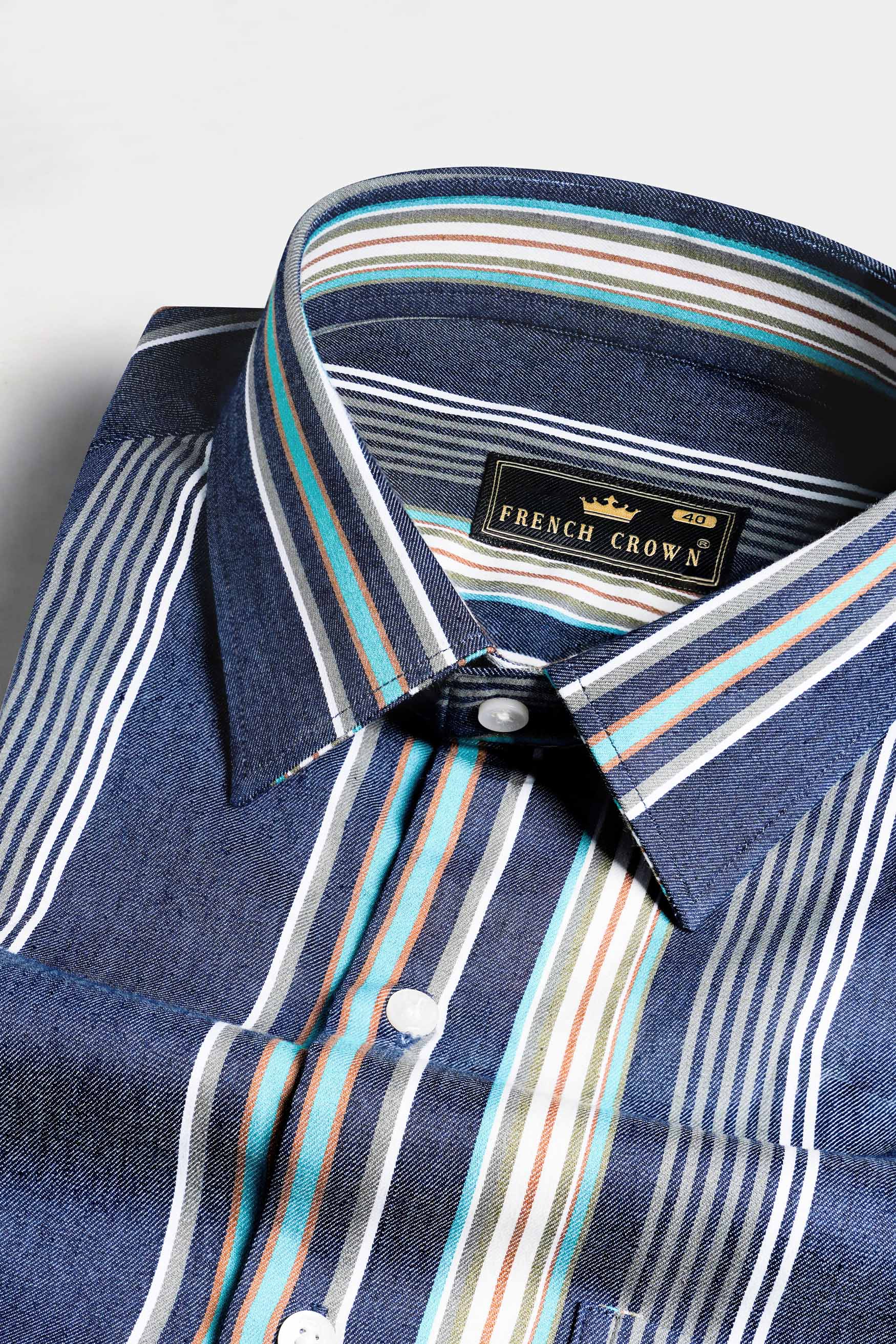Nile Blue with White and Dusty Brown Striped Indigo Denim Shirt