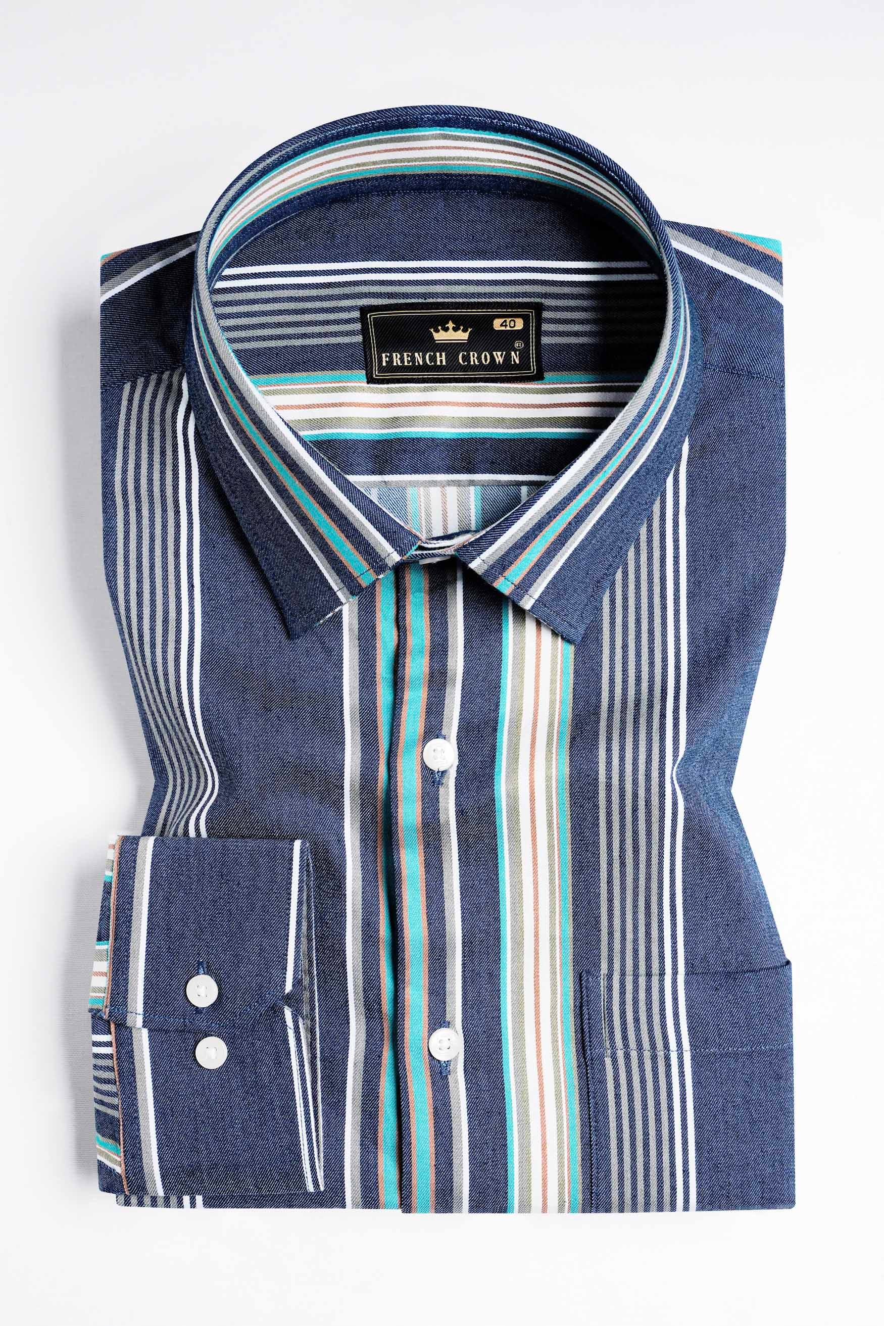 Nile Blue with White and Dusty Brown Striped Indigo Denim Shirt