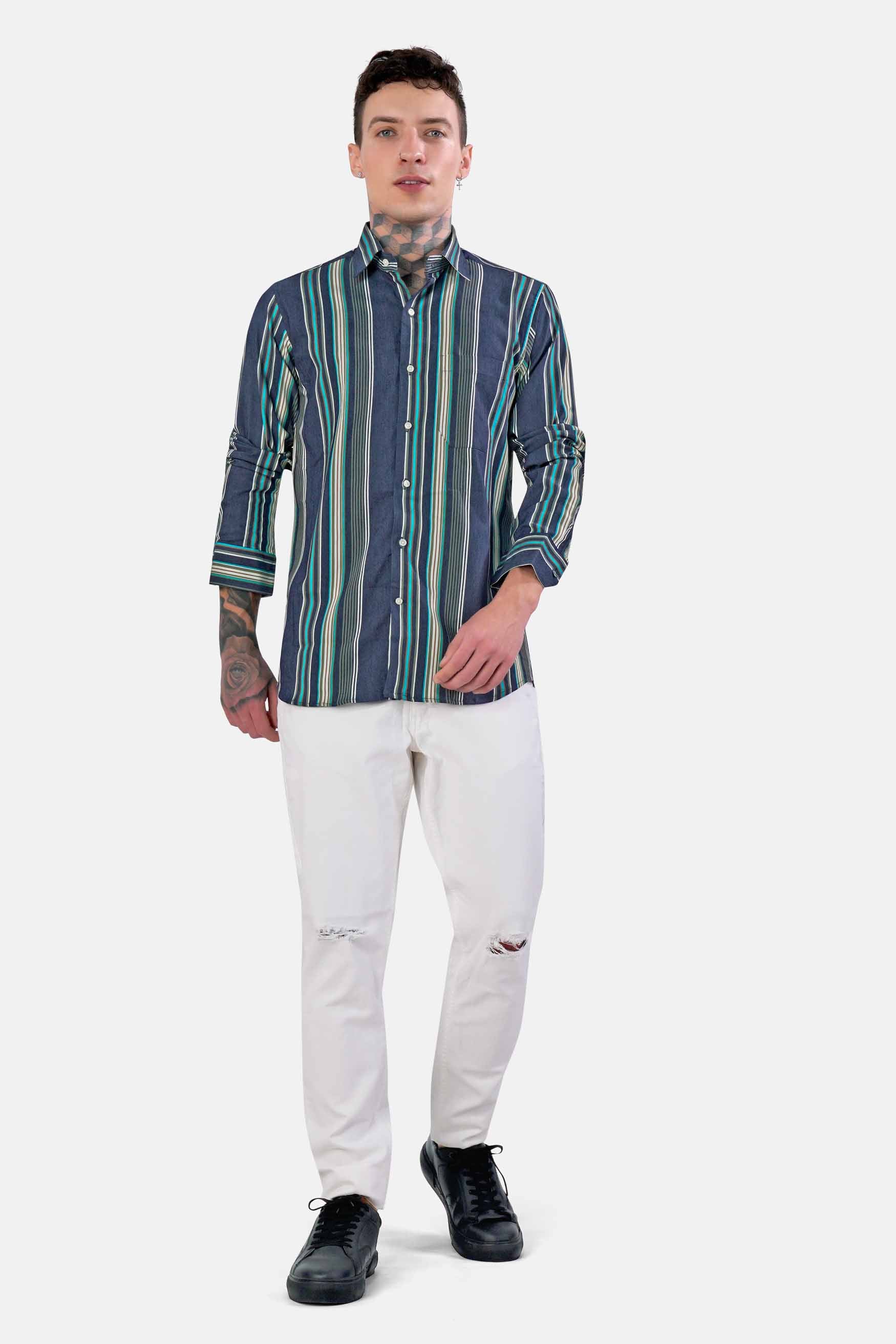 Nile Blue with White and Dusty Brown Striped Indigo Denim Shirt