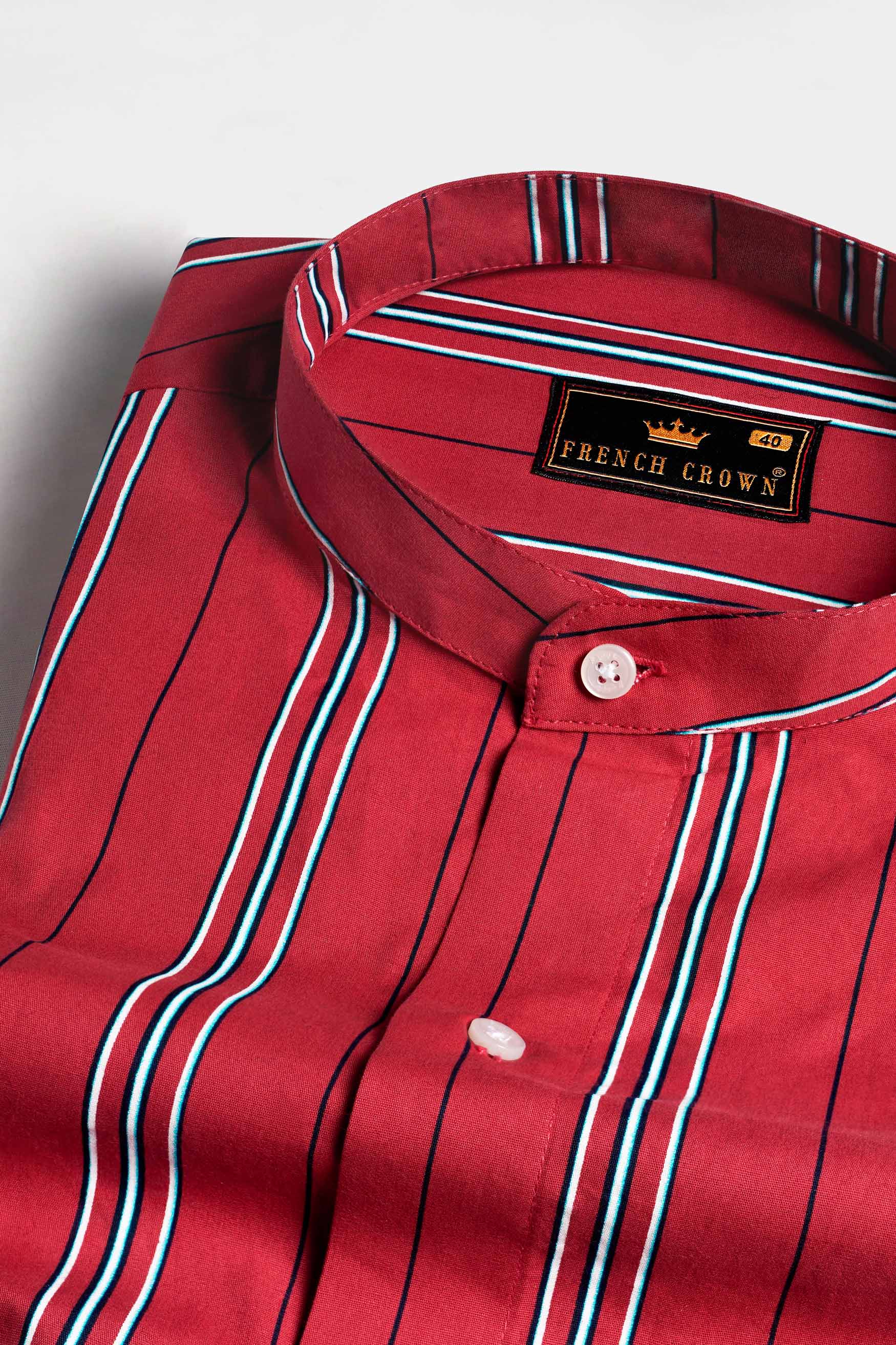 Cardinal Red with White and Cove Blue Striped Twill Premium Cotton Shirt