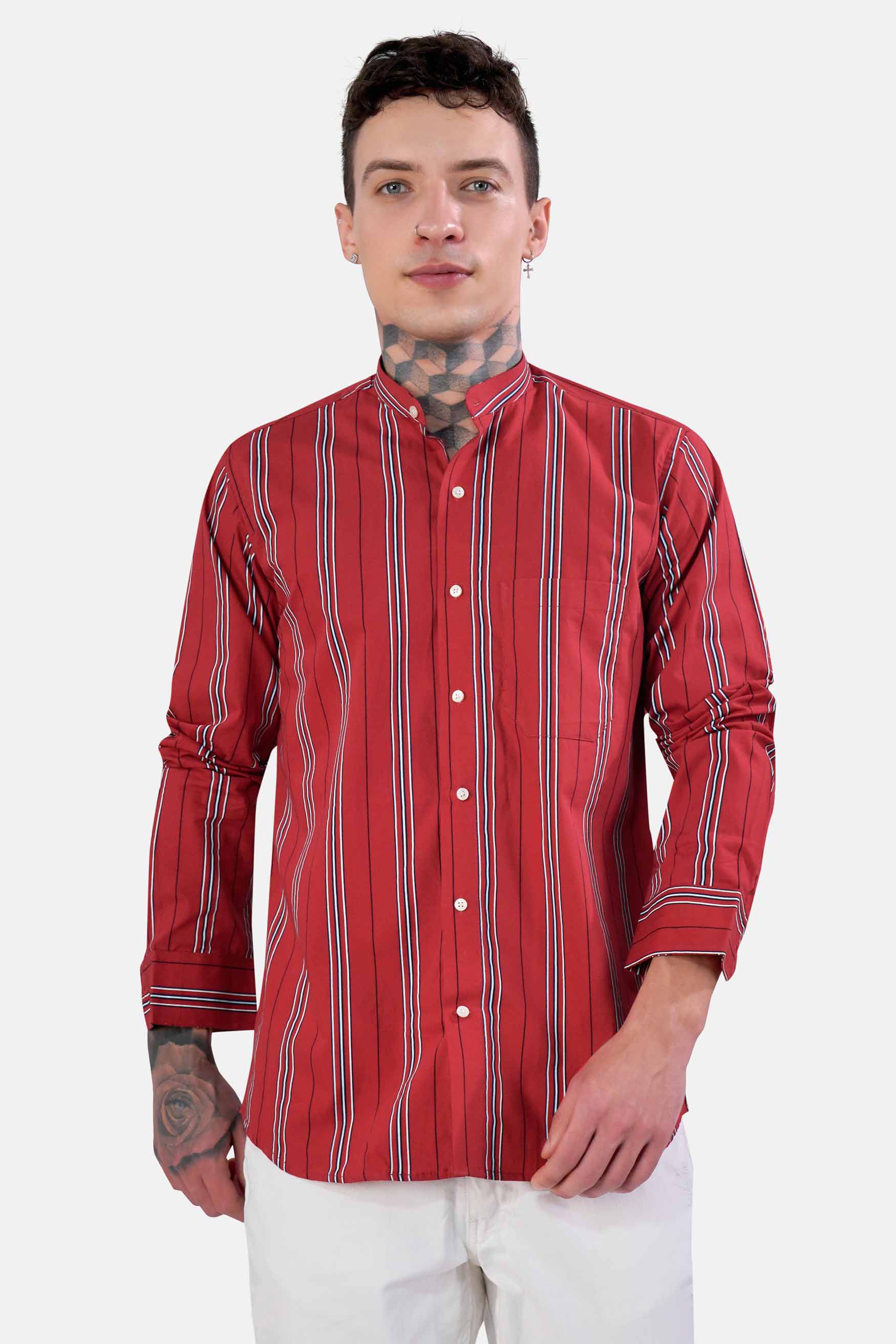 Cardinal Red with White and Cove Blue Striped Twill Premium Cotton Shirt