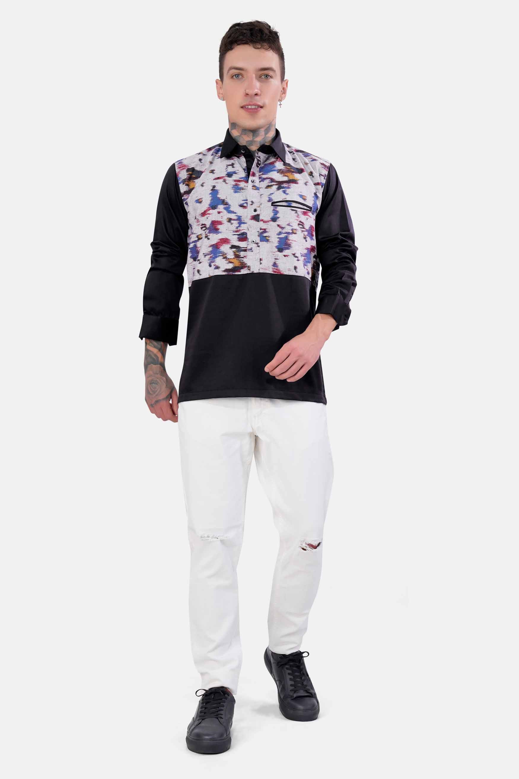 Nobel Gray Printed with Solid Black Royal Oxford Designer Shirt