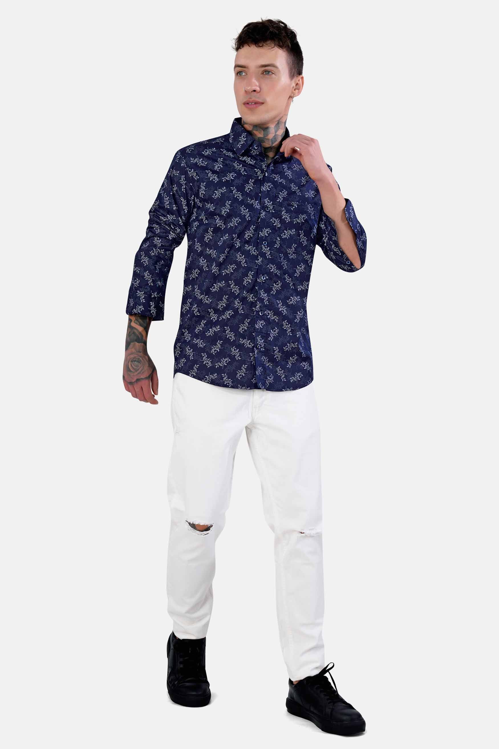 Haiti Blue Leaves Printed Twill Premium Cotton Shirt