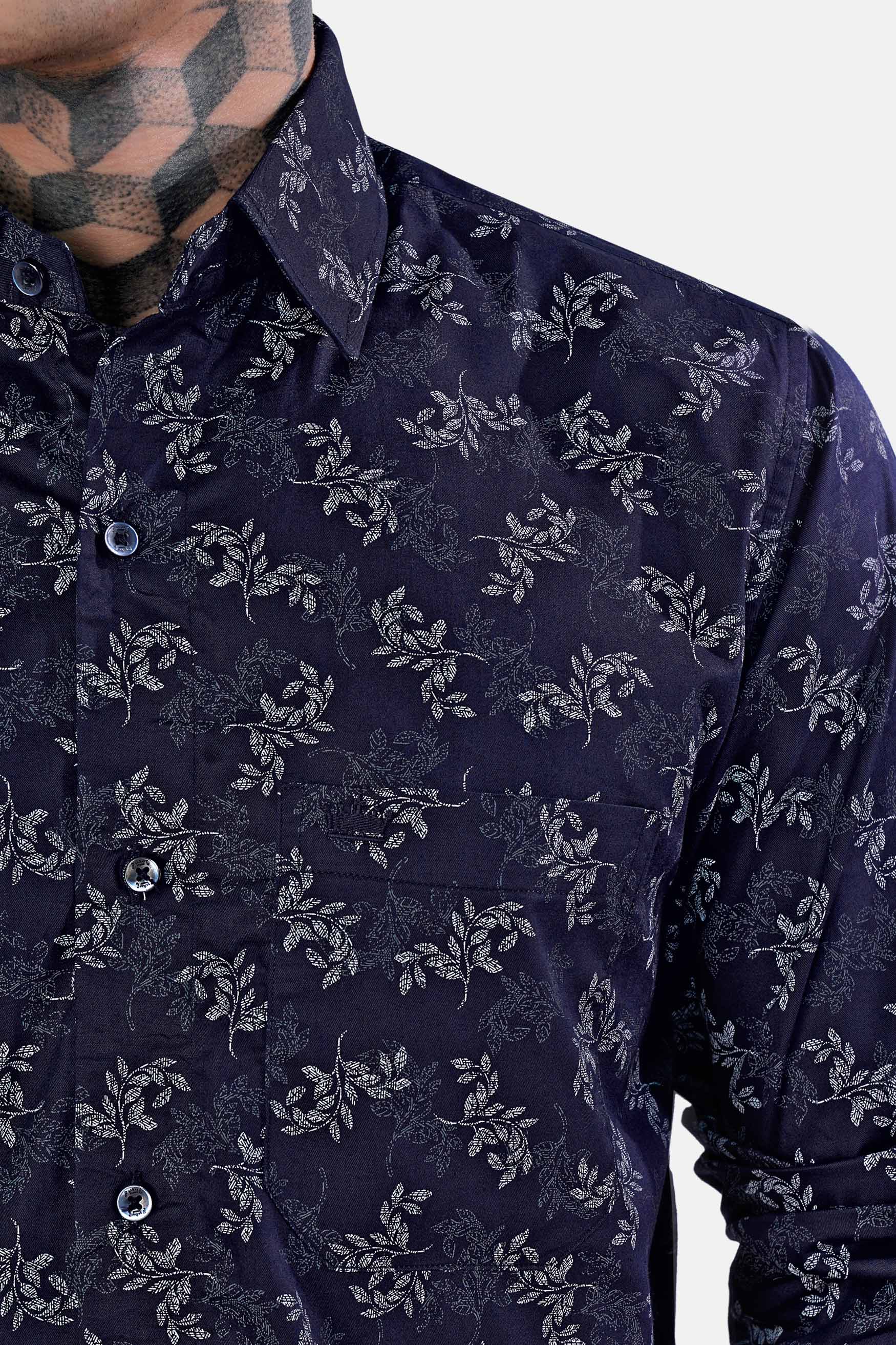 Haiti Blue Leaves Printed Twill Premium Cotton Shirt