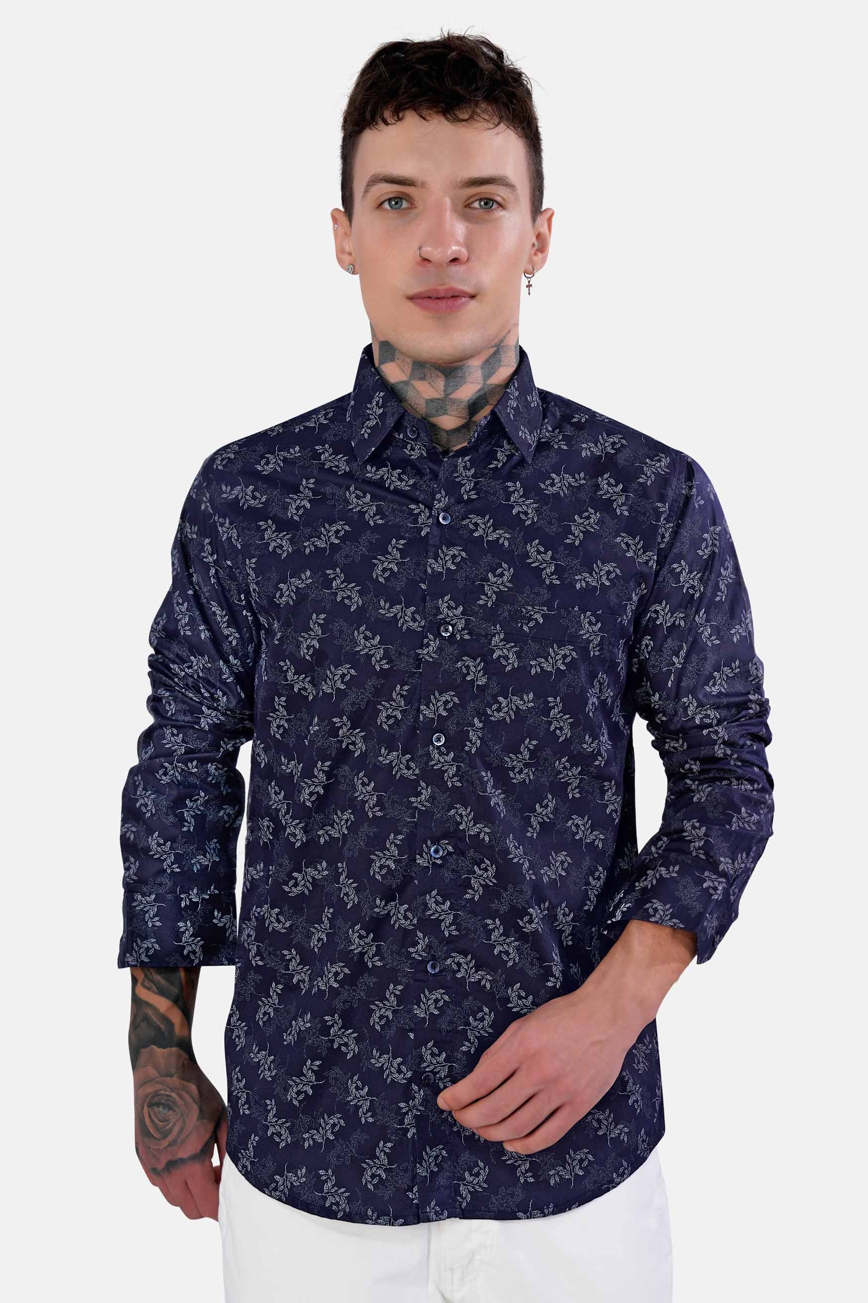 Haiti Blue Leaves Printed Twill Premium Cotton Shirt