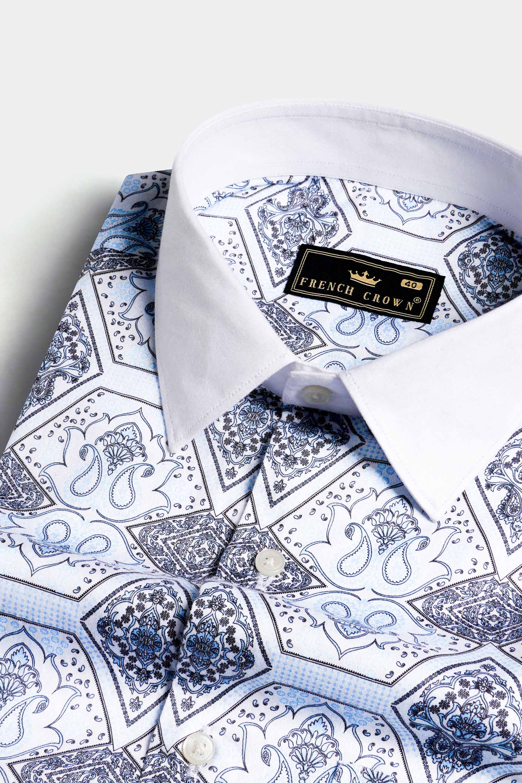 Tufts Blue Ethnic Printed with White Cuffs and Collar Subtle Sheen Super Soft Premium Cotton Shirt