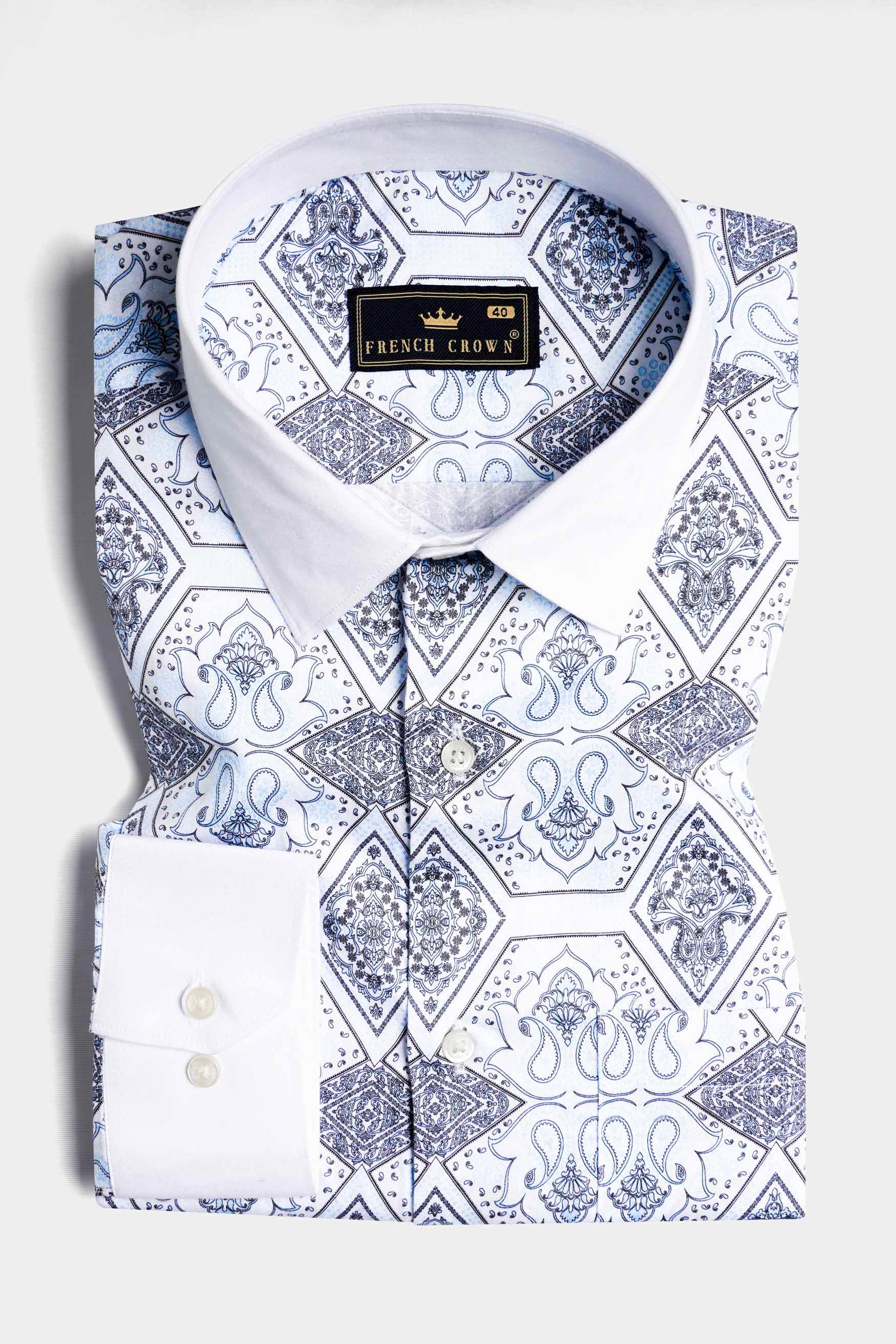 Tufts Blue Ethnic Printed with White Cuffs and Collar Subtle Sheen Super Soft Premium Cotton Shirt