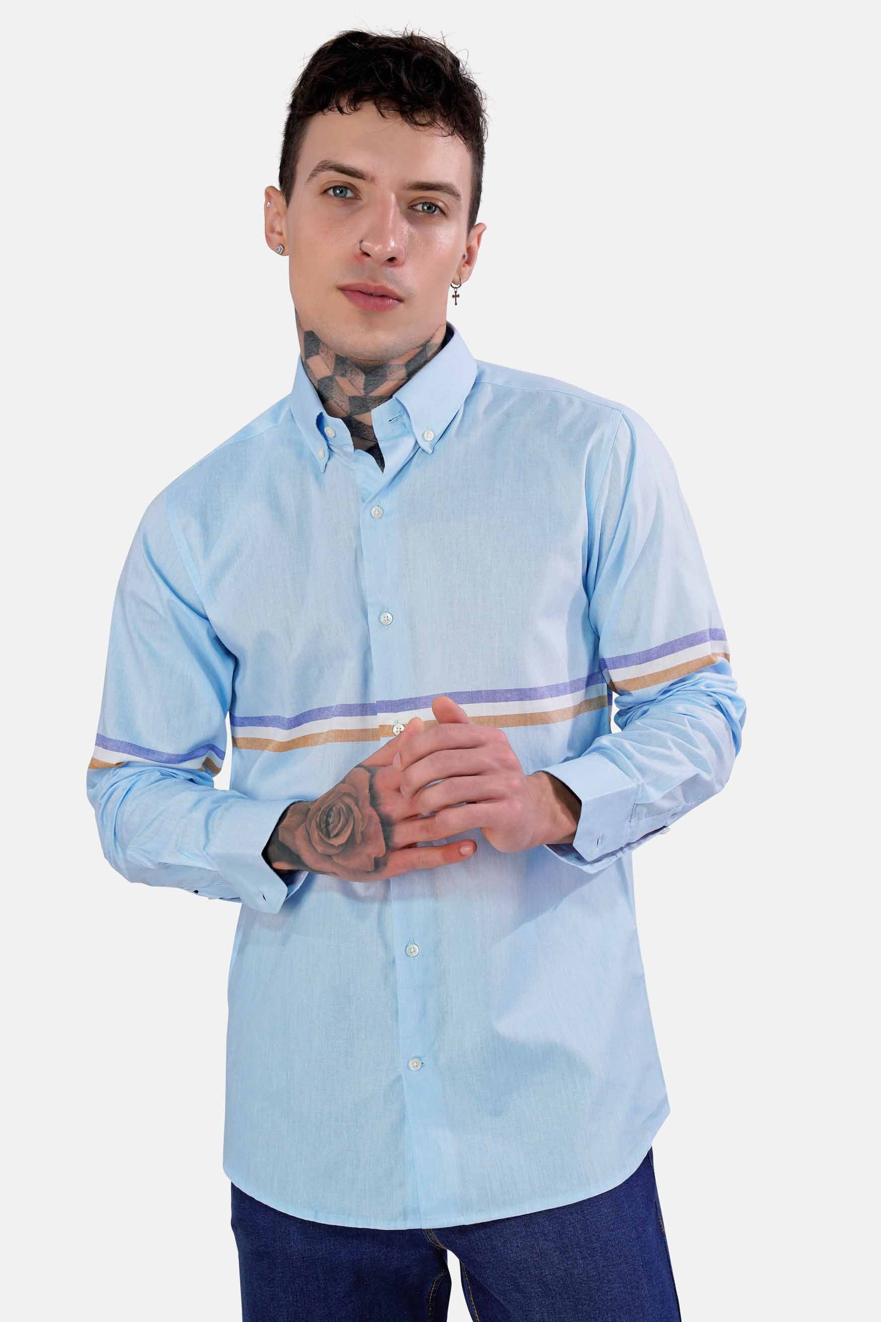 Hawkes Blue Three Colour Striped Royal Oxford Shirt