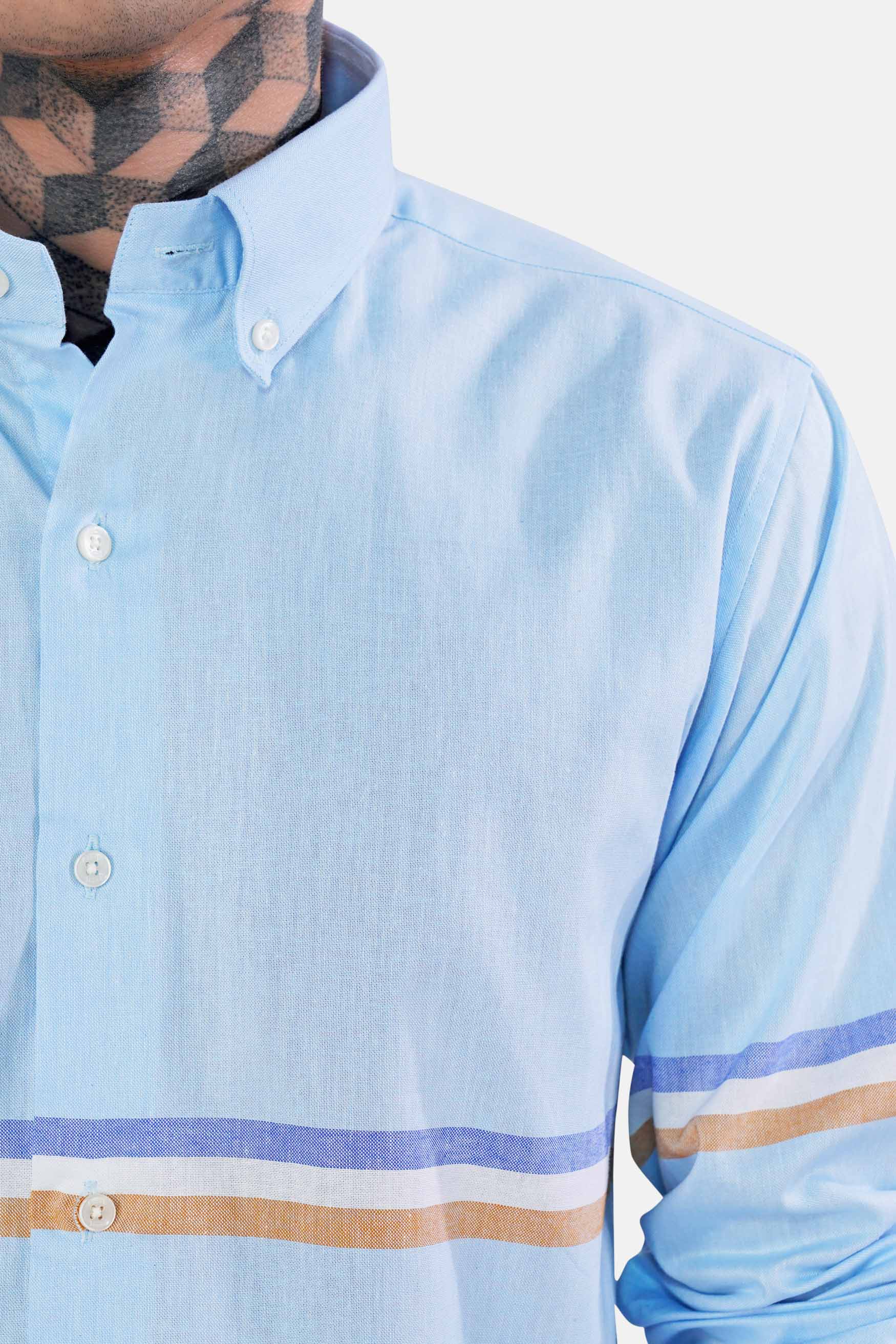 Hawkes Blue Three Colour Striped Royal Oxford Shirt
