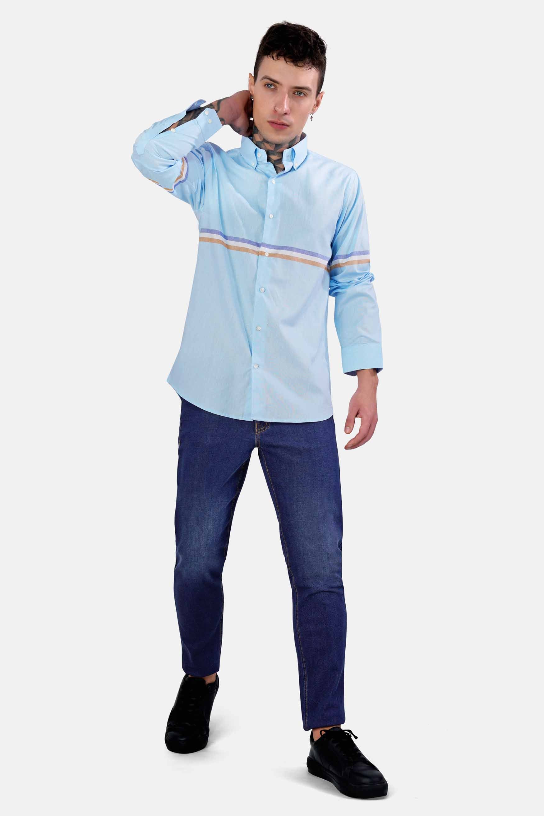 Hawkes Blue Three Colour Striped Royal Oxford Shirt