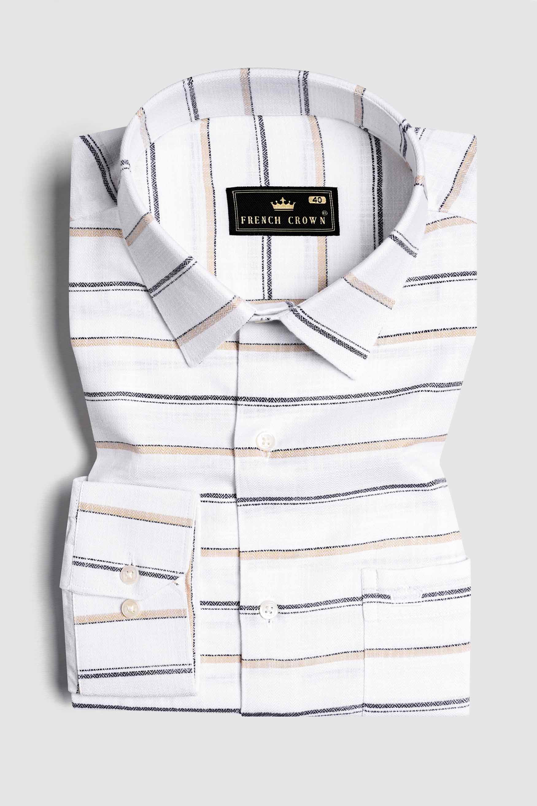 Bright White with Brandy Brown and Black Striped Dobby Textured Premium Giza Cotton Shirt