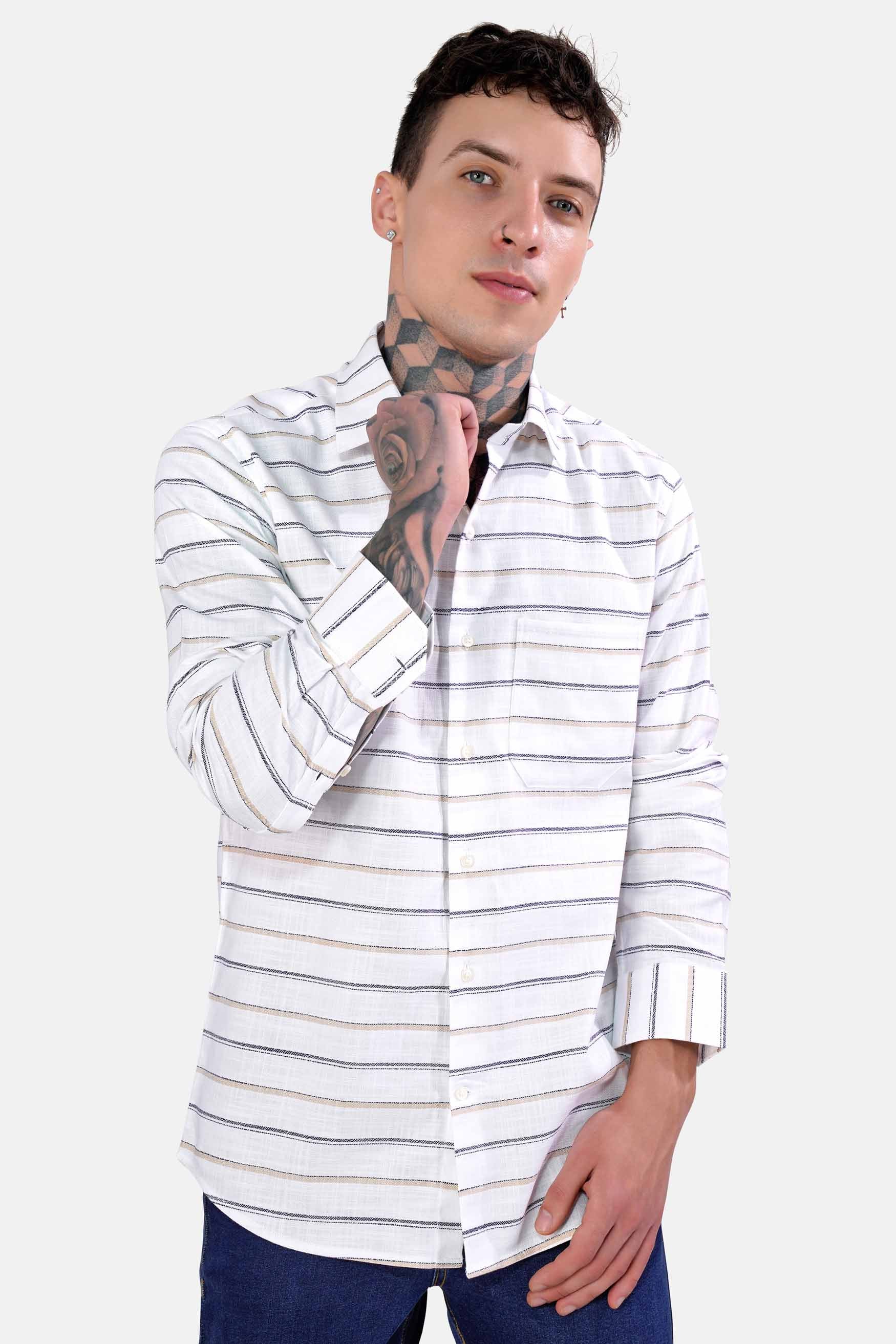 Bright White with Brandy Brown and Black Striped Dobby Textured Premium Giza Cotton Shirt