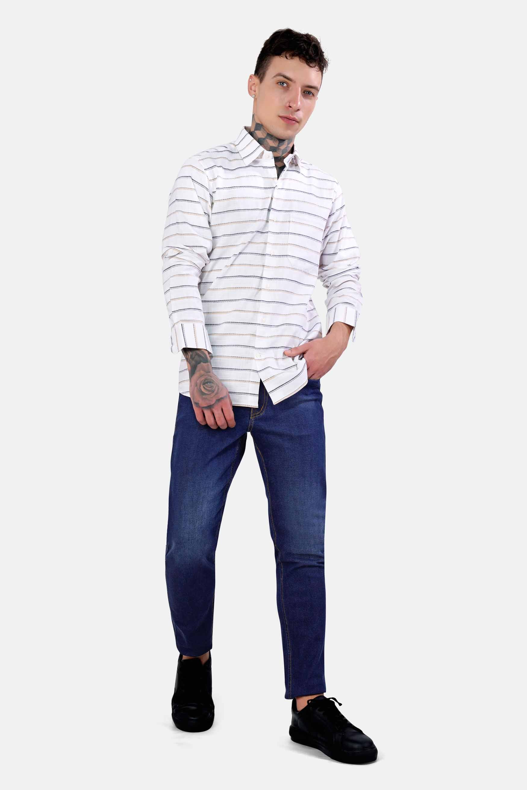 Bright White with Brandy Brown and Black Striped Dobby Textured Premium Giza Cotton Shirt