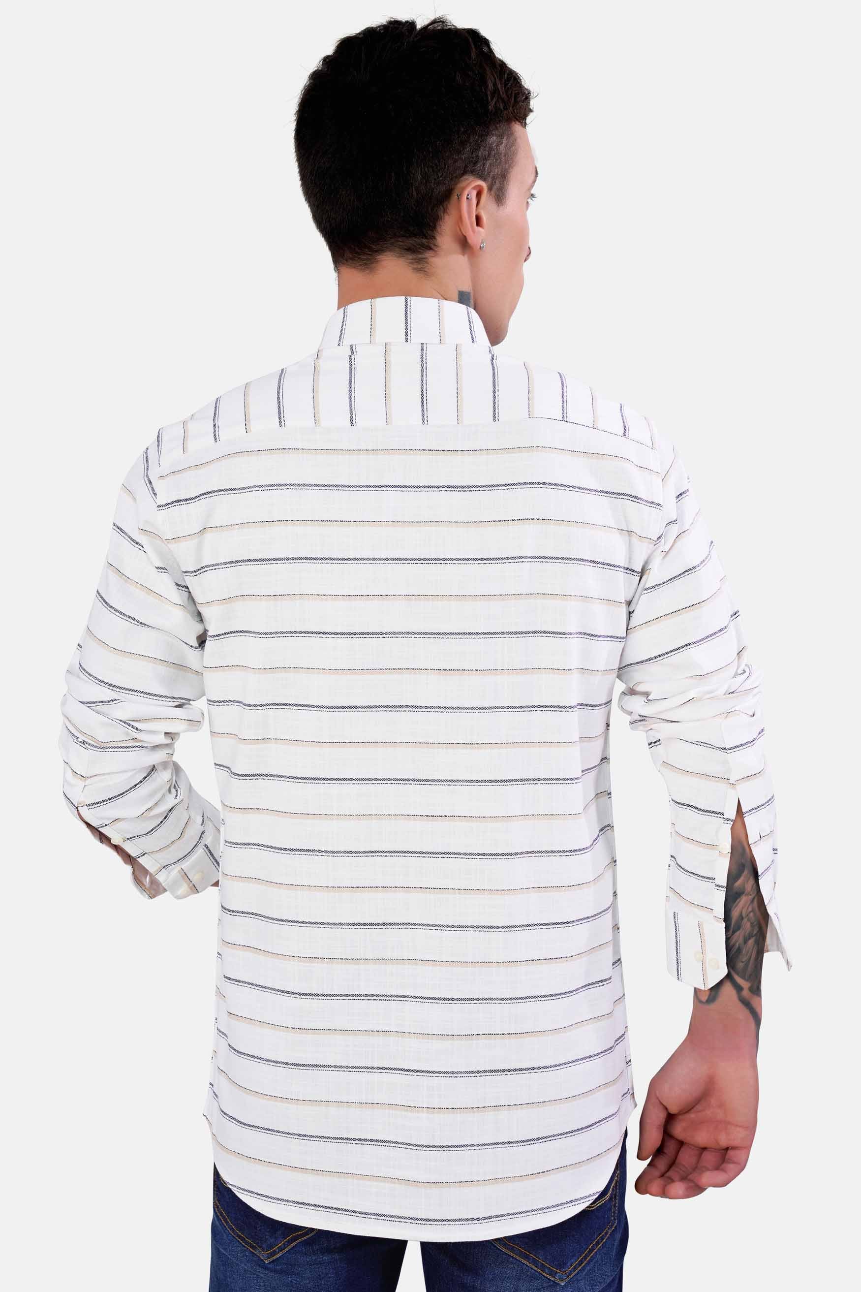 Bright White with Brandy Brown and Black Striped Dobby Textured Premium Giza Cotton Shirt