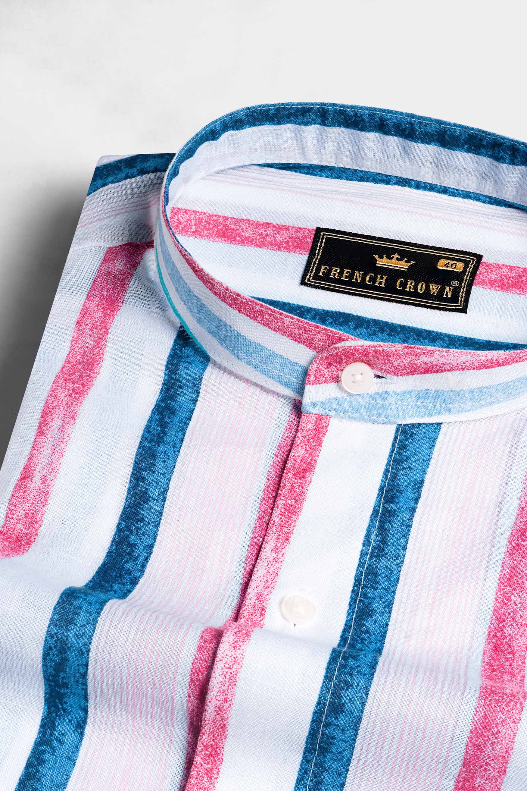 Bright White with Yale Blue and Cerise Pink Multicolour Striped Chambray Shirt