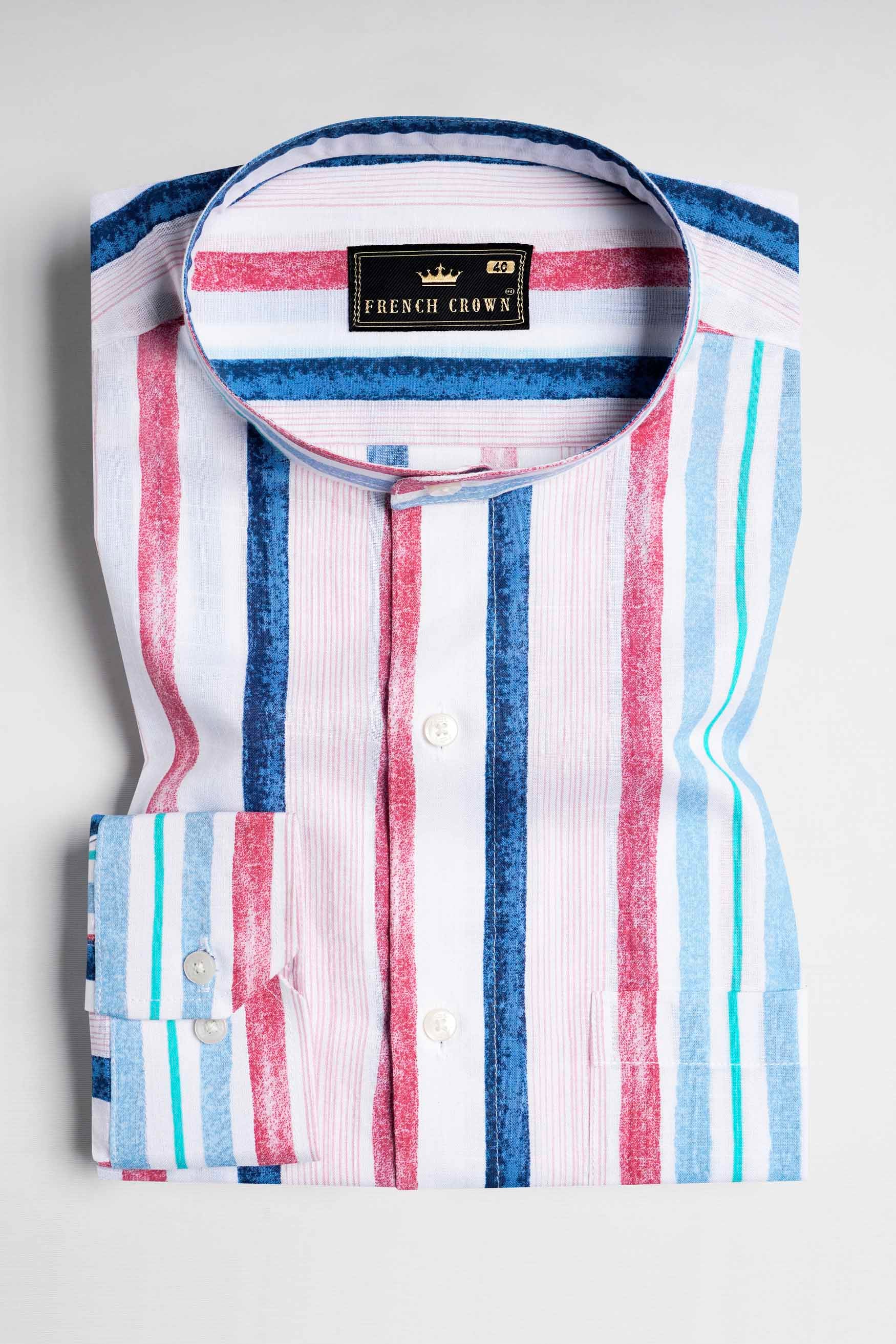 Bright White with Yale Blue and Cerise Pink Multicolour Striped Chambray Shirt
