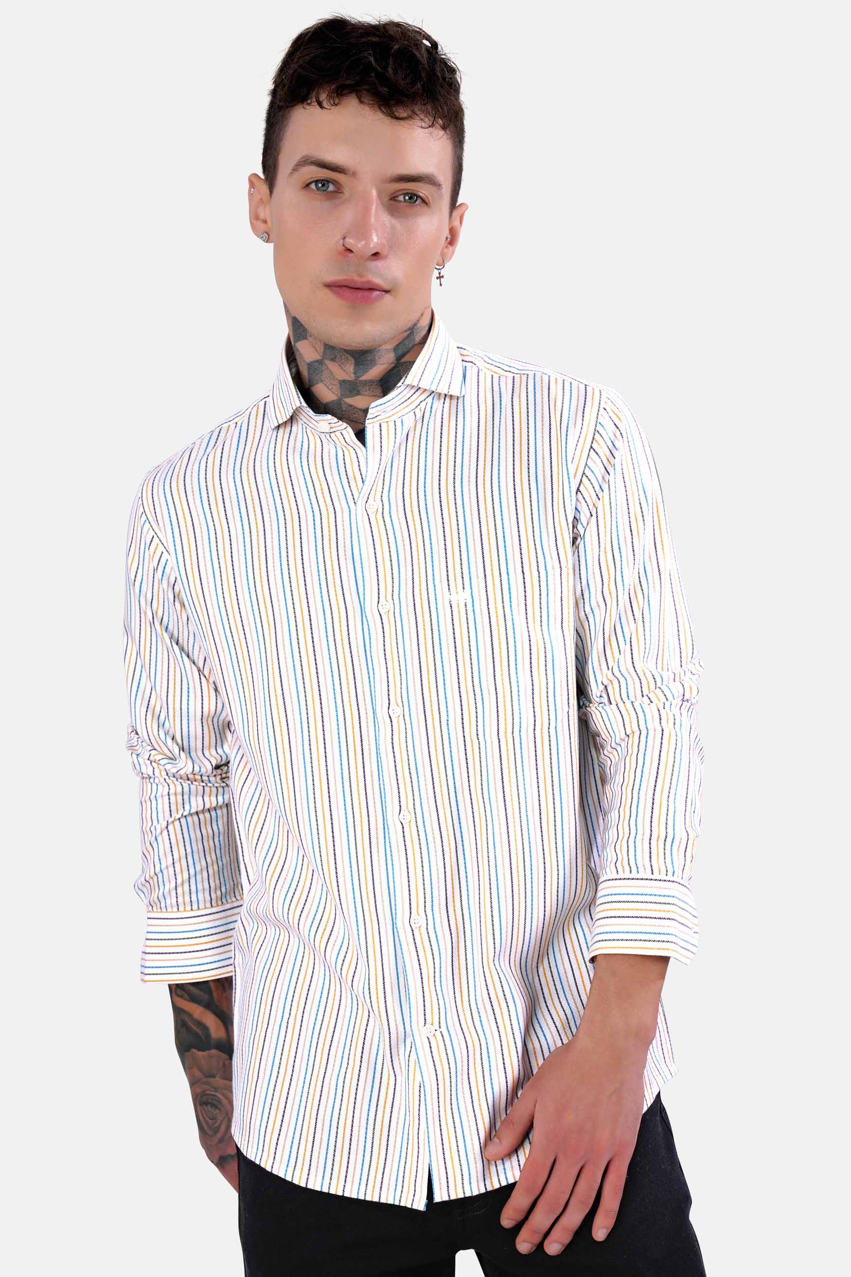 Bright White Multicolour Striped Dobby Textured Premium Giza Cotton Shirt