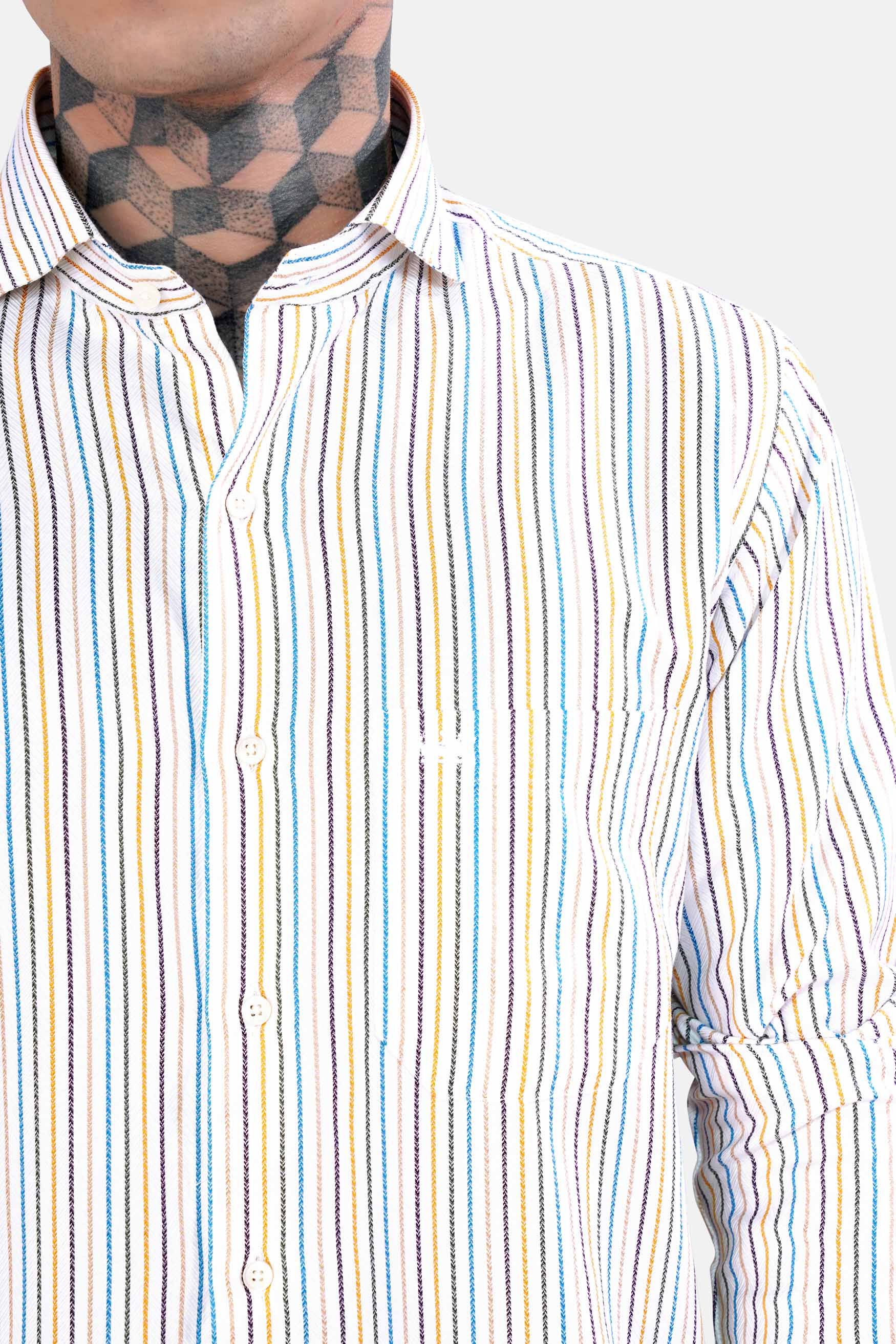 Bright White Multicolour Striped Dobby Textured Premium Giza Cotton Shirt