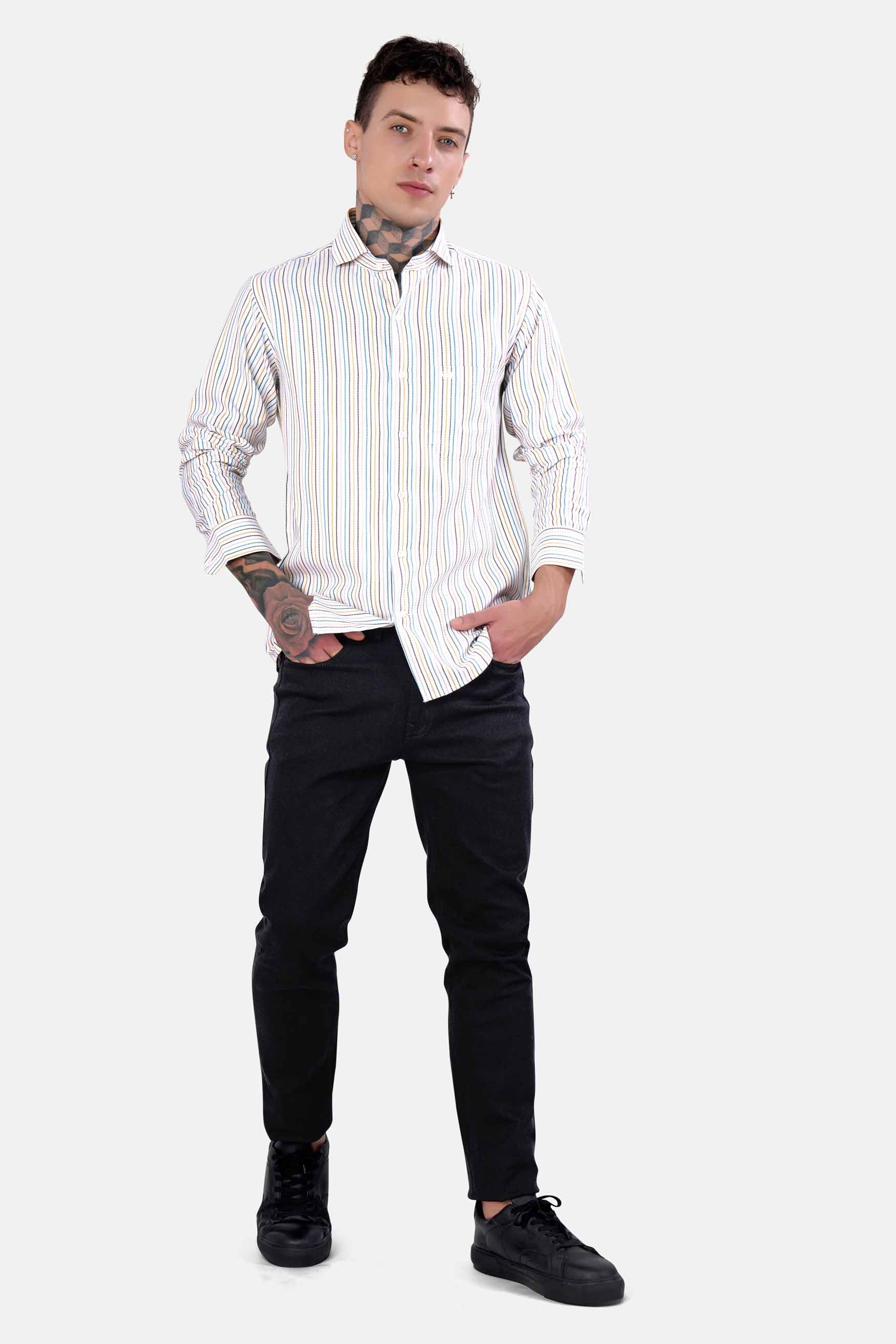 Bright White Multicolour Striped Dobby Textured Premium Giza Cotton Shirt