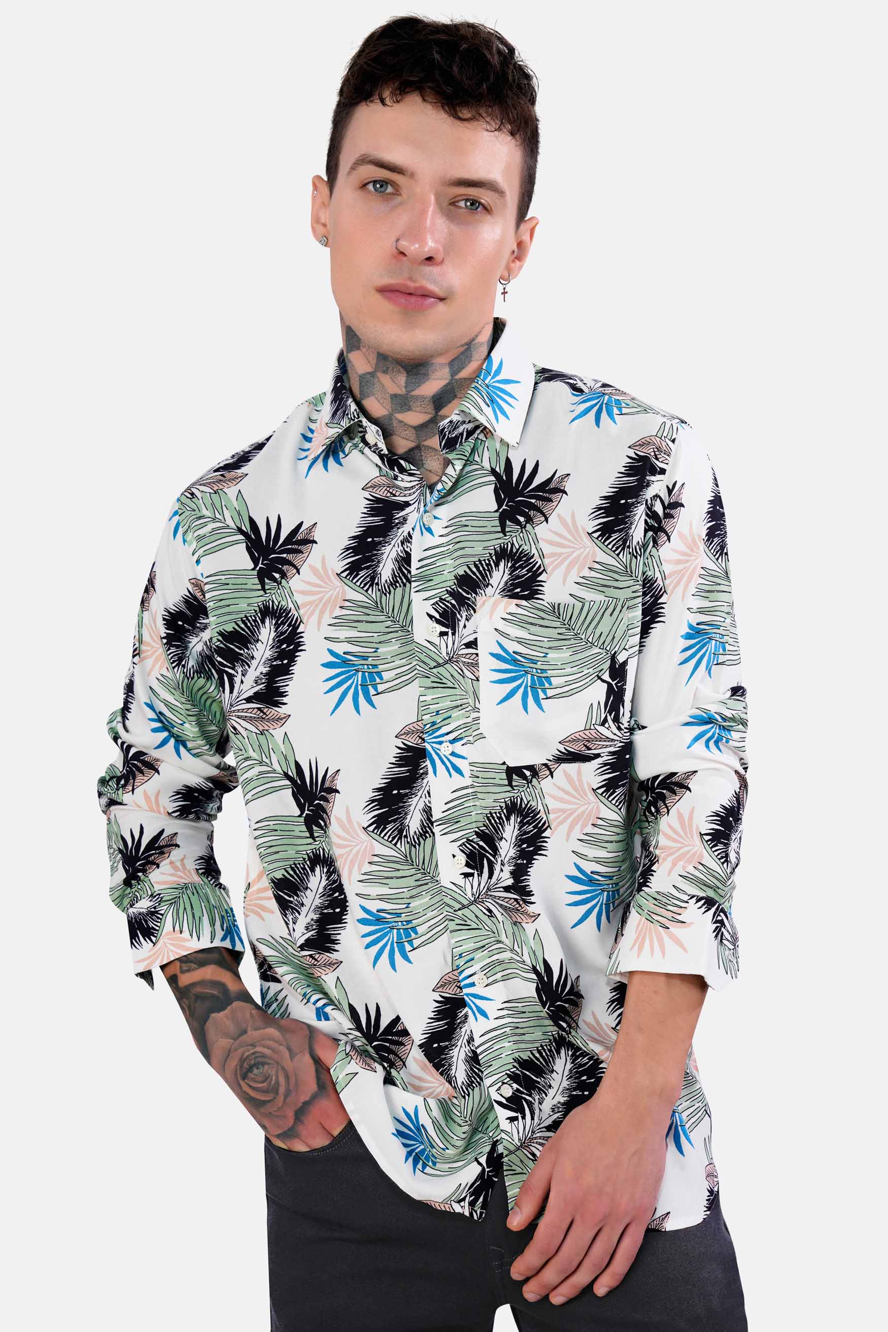Bright White with Laurel Green and Black Tropical Printed Premium Tencel Shirt