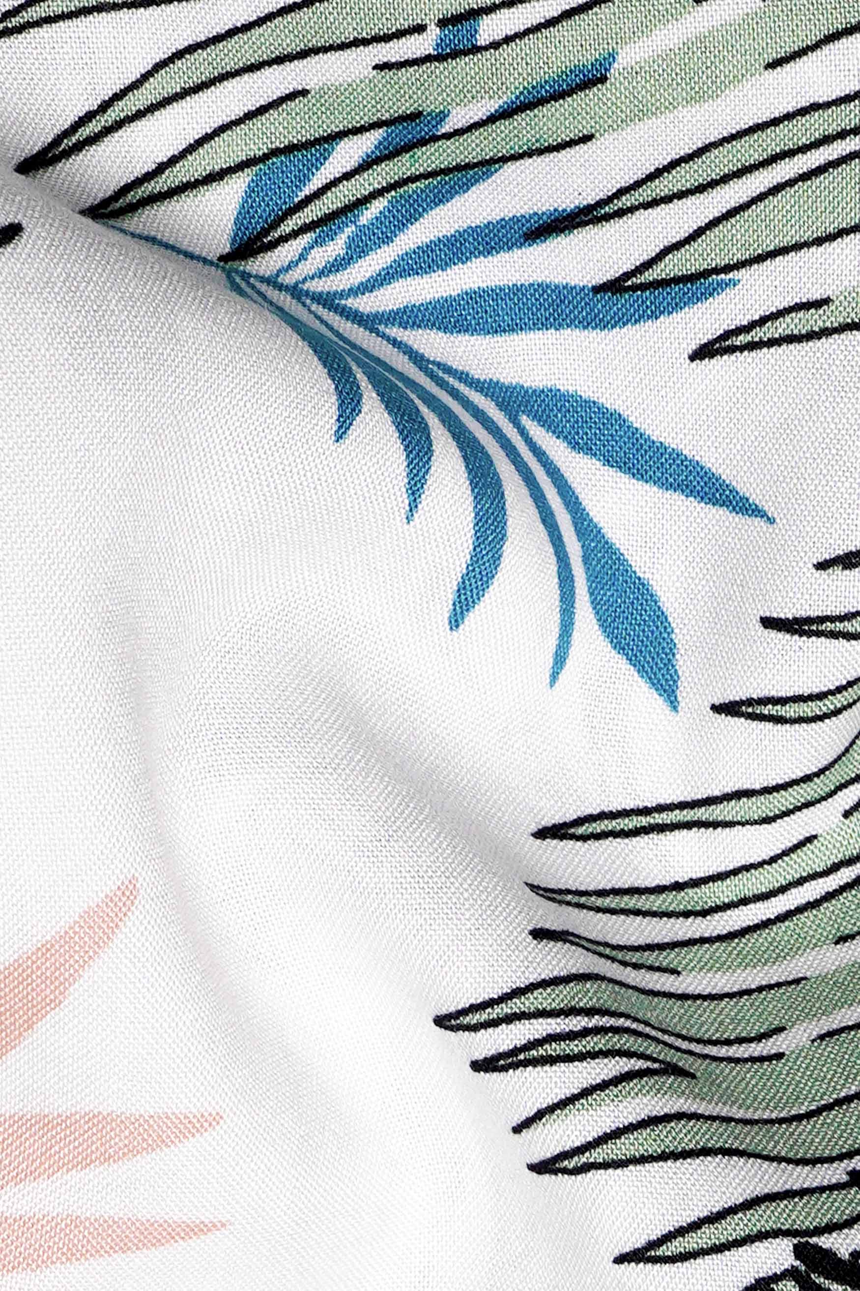 Bright White with Laurel Green and Black Tropical Printed Premium Tencel Shirt