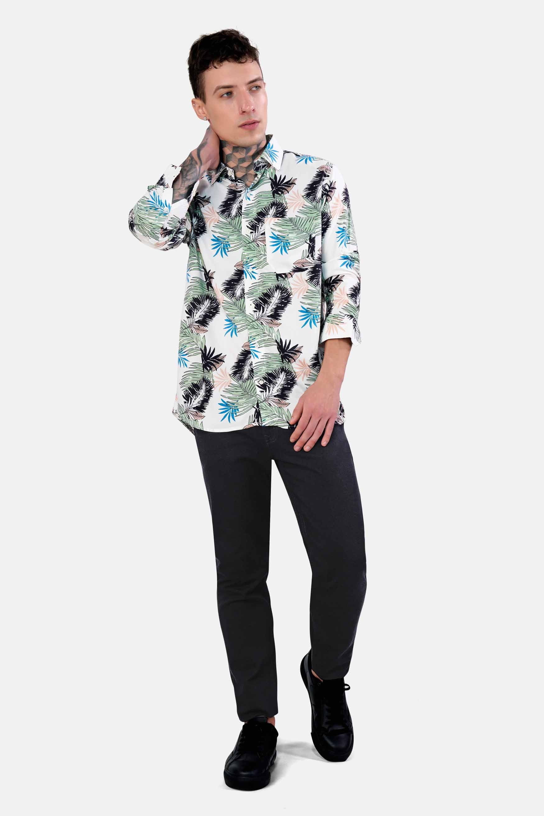 Bright White with Laurel Green and Black Tropical Printed Premium Tencel Shirt