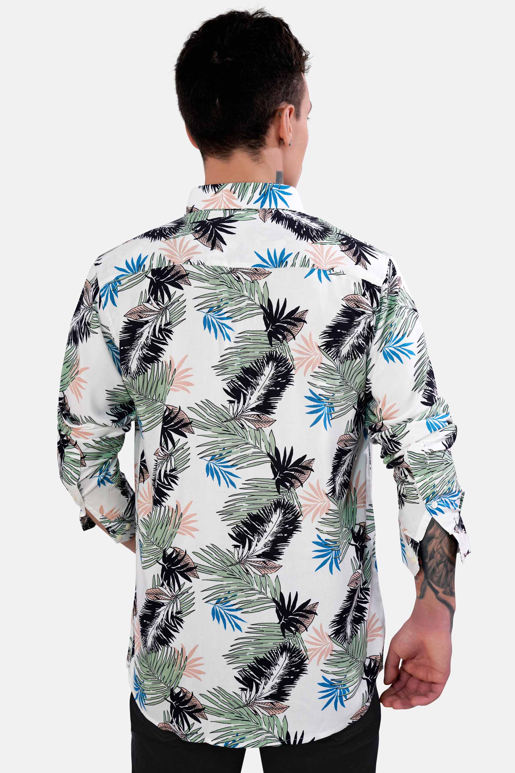 Bright White with Laurel Green and Black Tropical Printed Premium Tencel Shirt