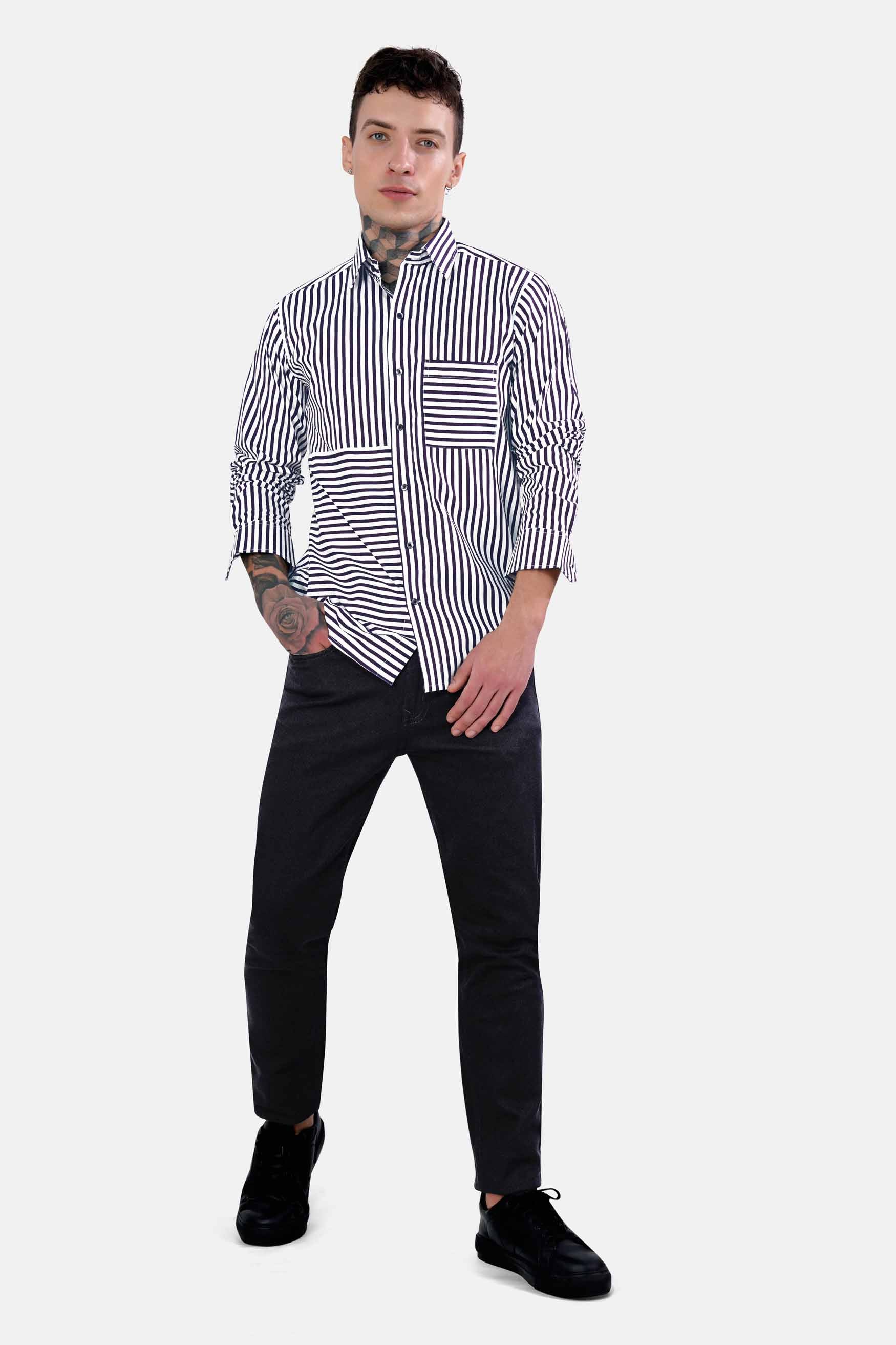 Bright White and Haiti Blue Striped Premium Cotton Designer Shirt