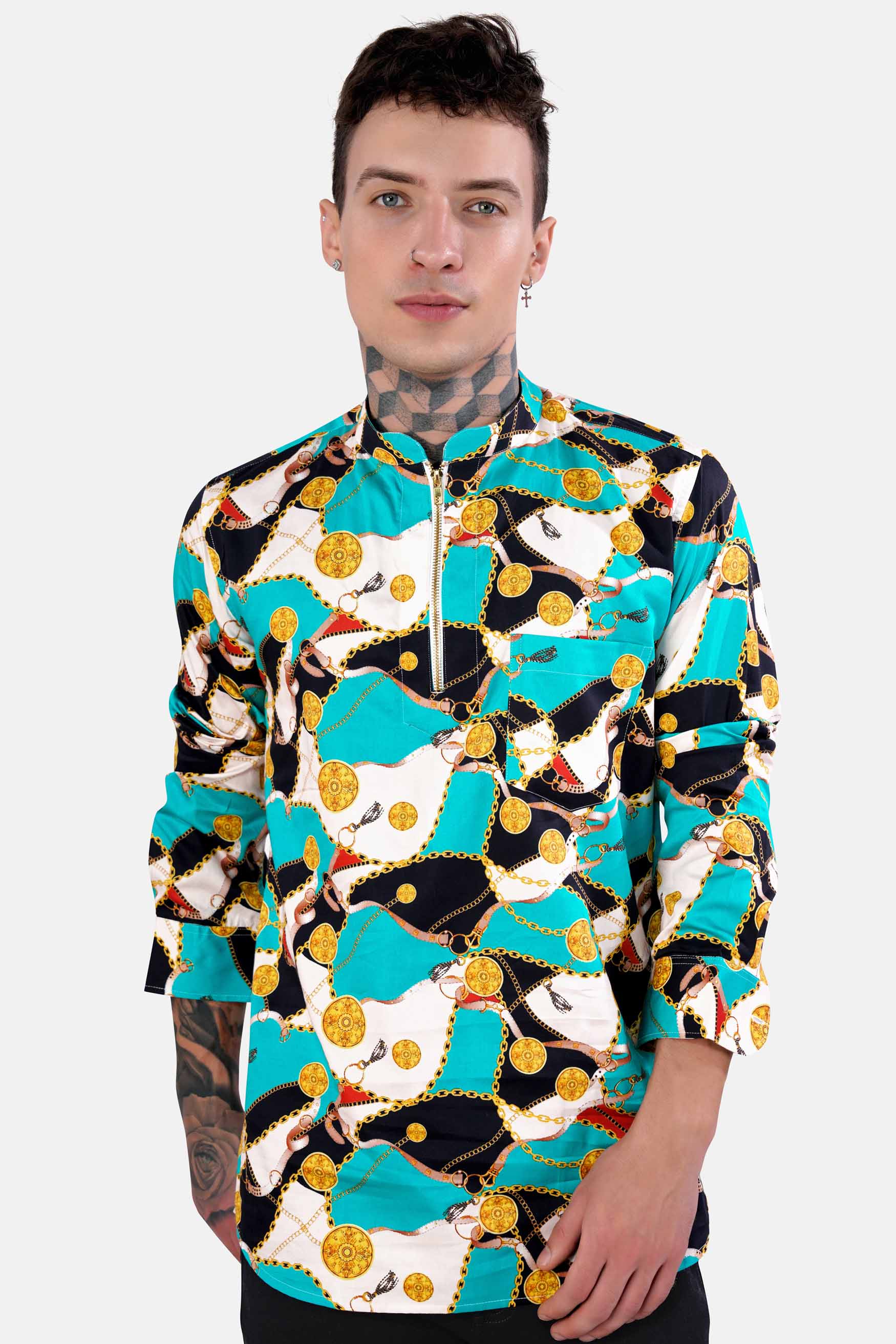Bright White with Black and Caribbean Blue Funky Printed Subtle Sheen Super Soft Premium Cotton Shirt