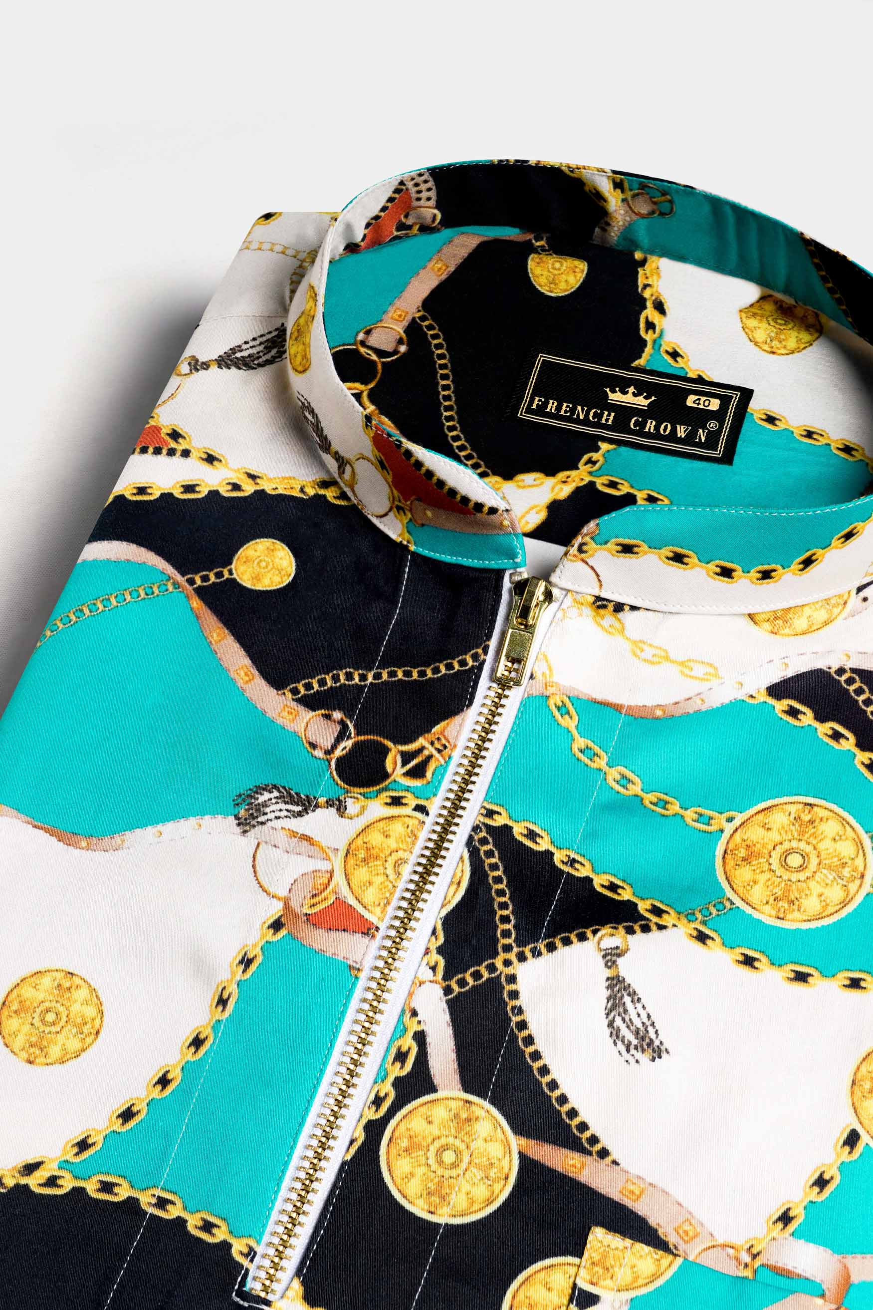 Bright White with Black and Caribbean Blue Funky Printed Subtle Sheen Super Soft Premium Cotton Shirt