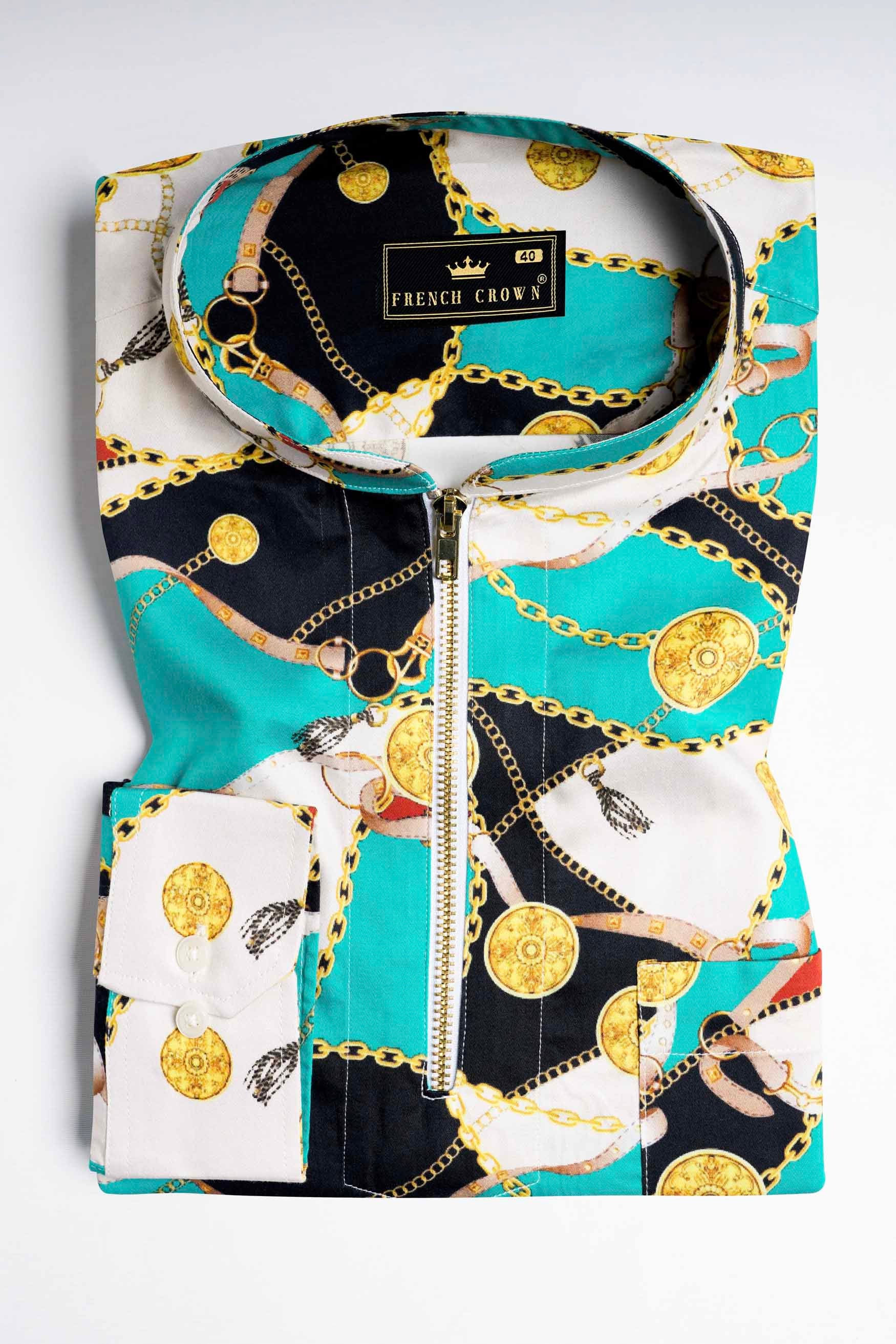 Bright White with Black and Caribbean Blue Funky Printed Subtle Sheen Super Soft Premium Cotton Shirt