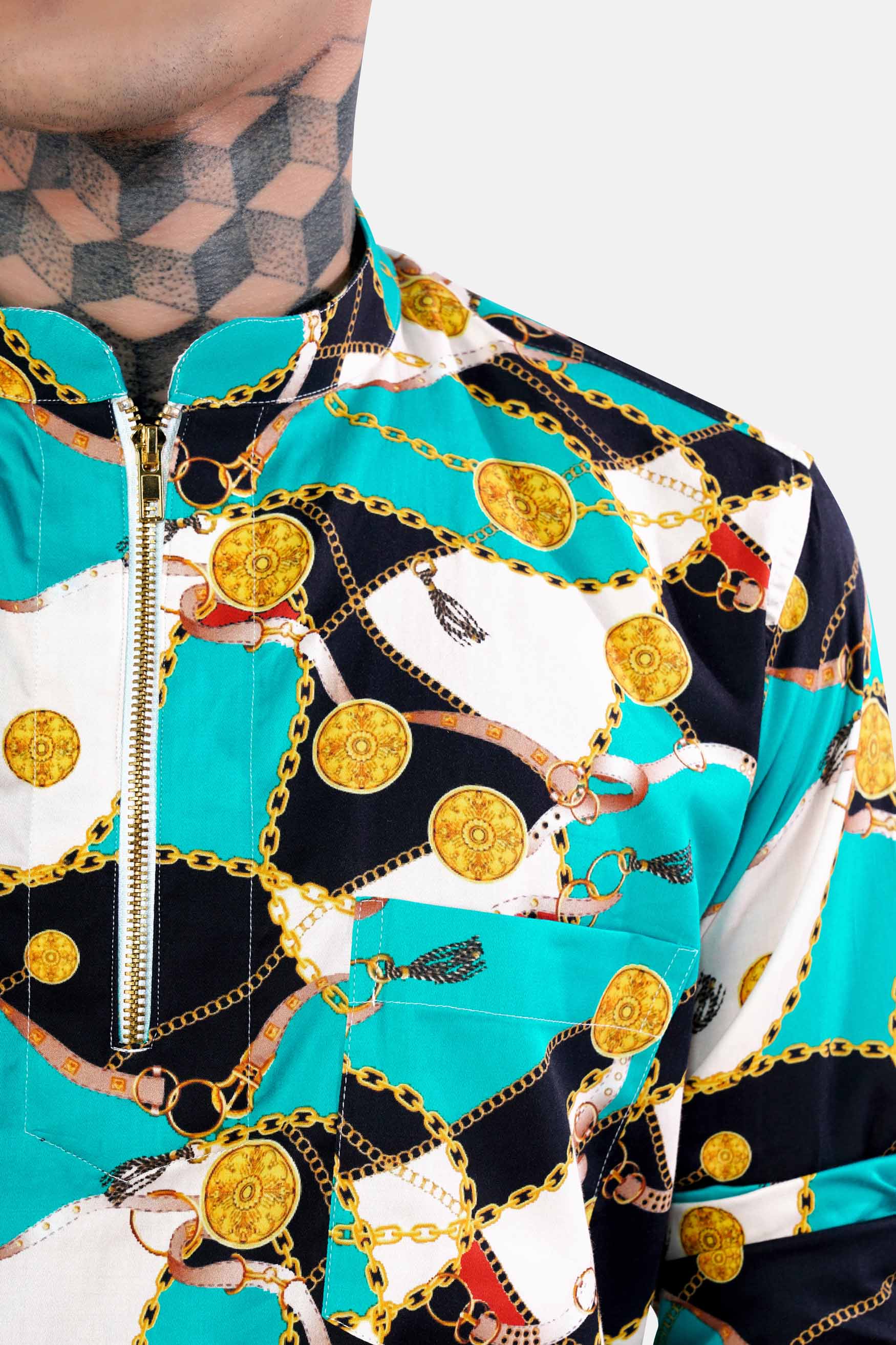 Bright White with Black and Caribbean Blue Funky Printed Subtle Sheen Super Soft Premium Cotton Shirt