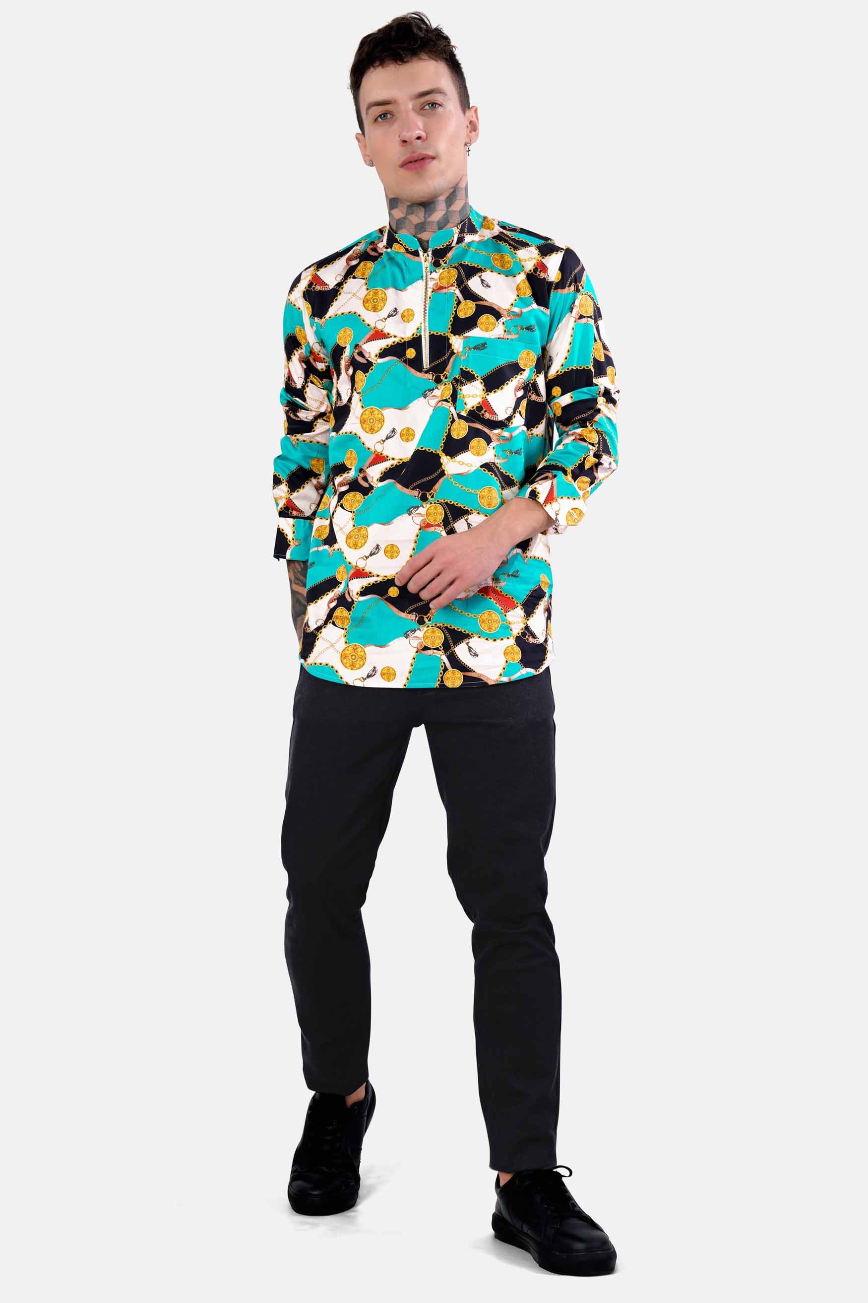 Bright White with Black and Caribbean Blue Funky Printed Subtle Sheen Super Soft Premium Cotton Shirt