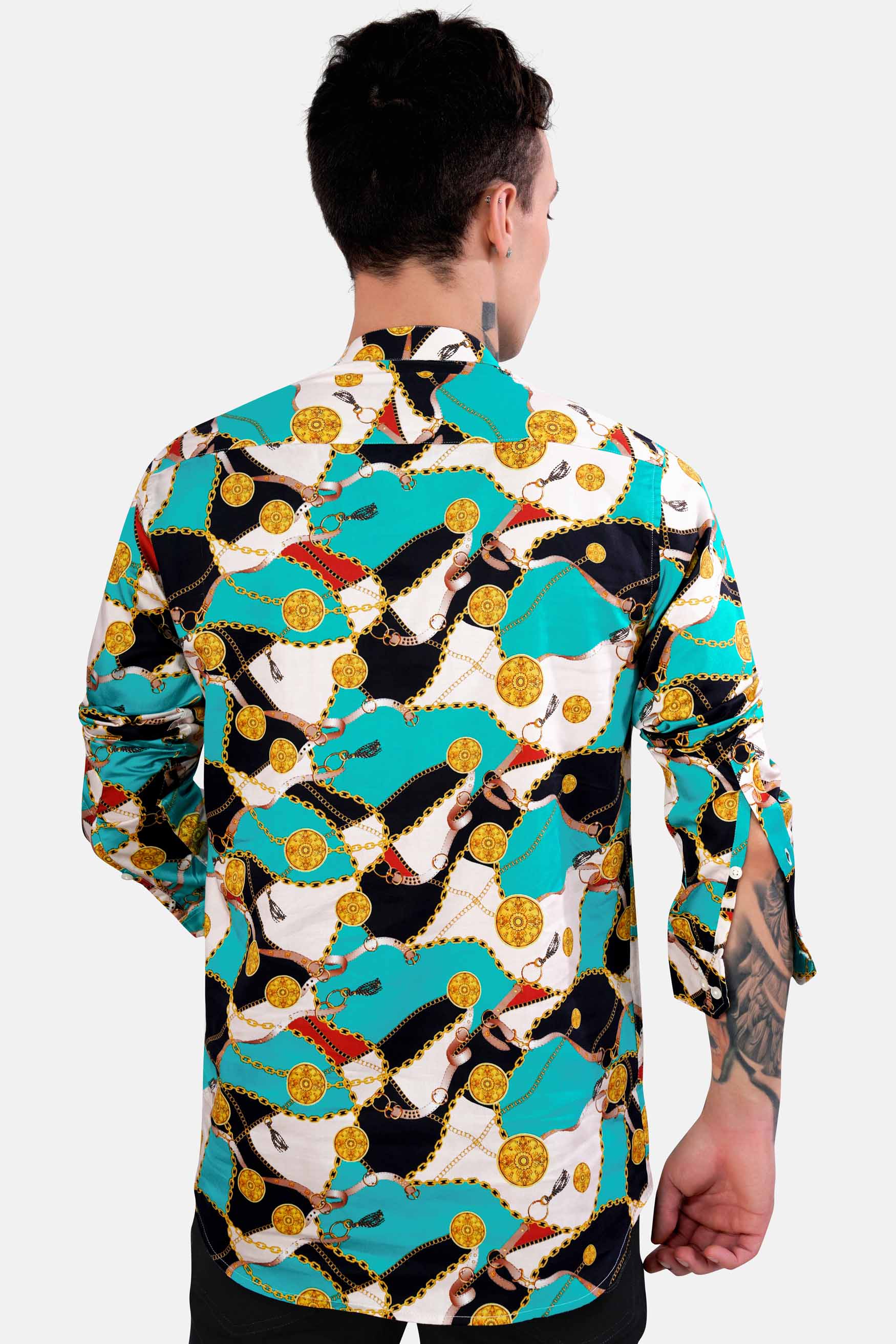 Bright White with Black and Caribbean Blue Funky Printed Subtle Sheen Super Soft Premium Cotton Shirt