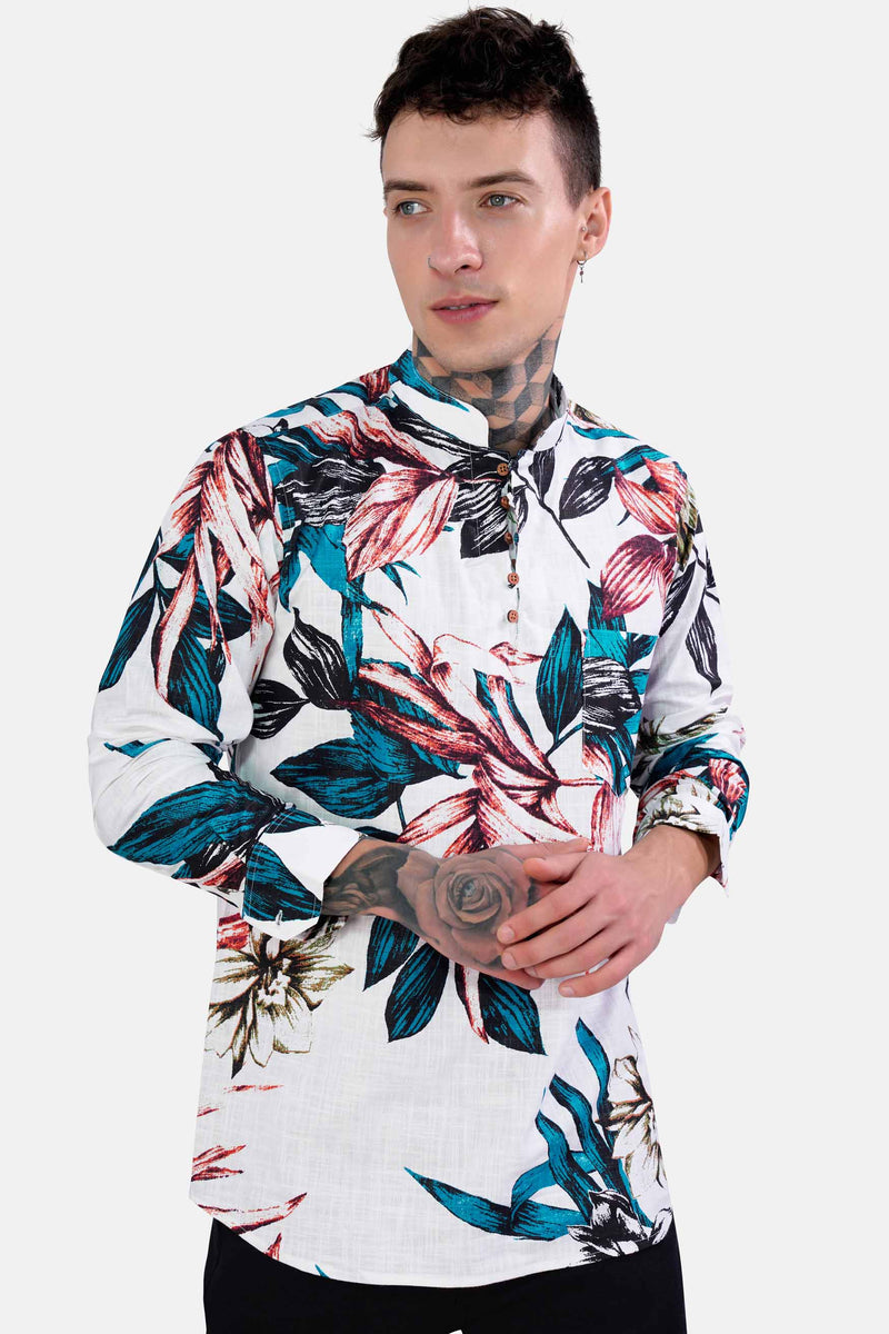 Bright White and Pacific Blue Leaves Printed Chambray Kurta Shirt